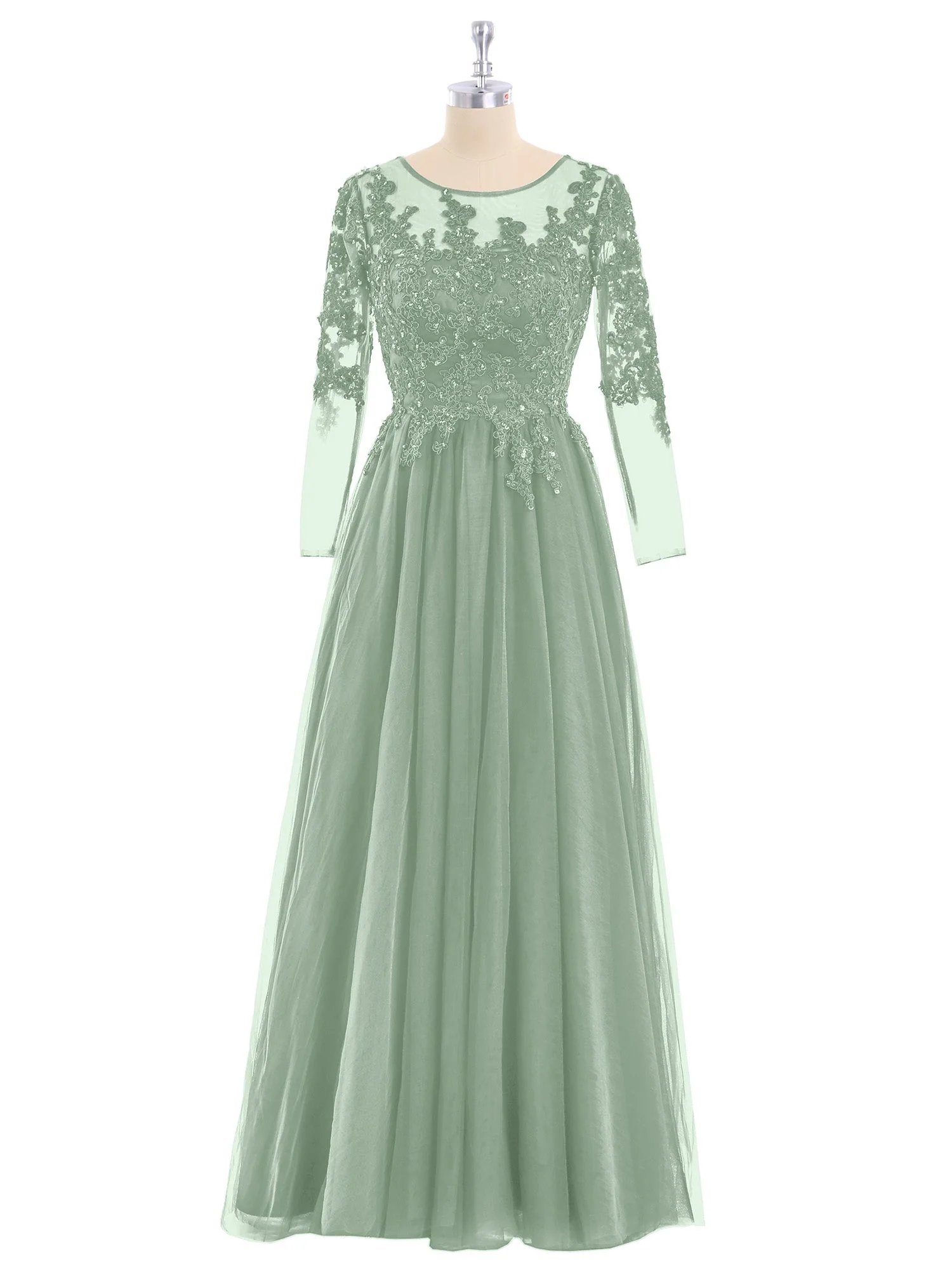 Tüll mit Applique Lange Ärmels Kleid Agavengrün - Image 4
