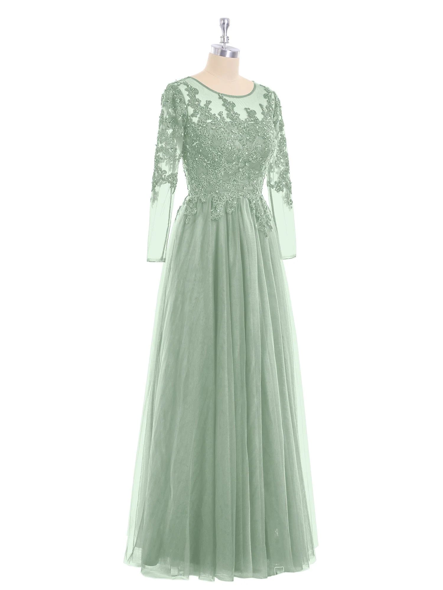 Tüll mit Applique Lange Ärmels Kleid Agavengrün - Image 5