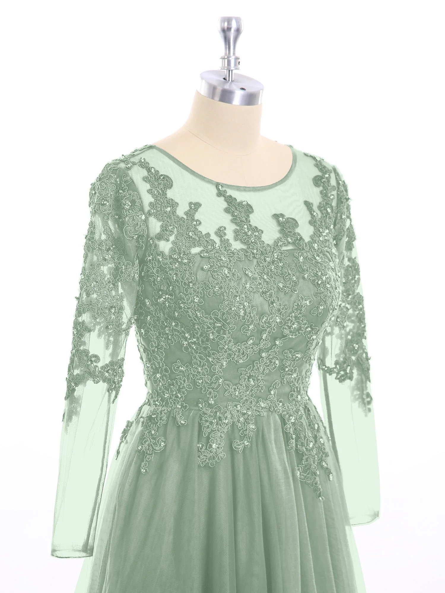 Tüll mit Applique Lange Ärmels Kleid Agavengrün - Image 6
