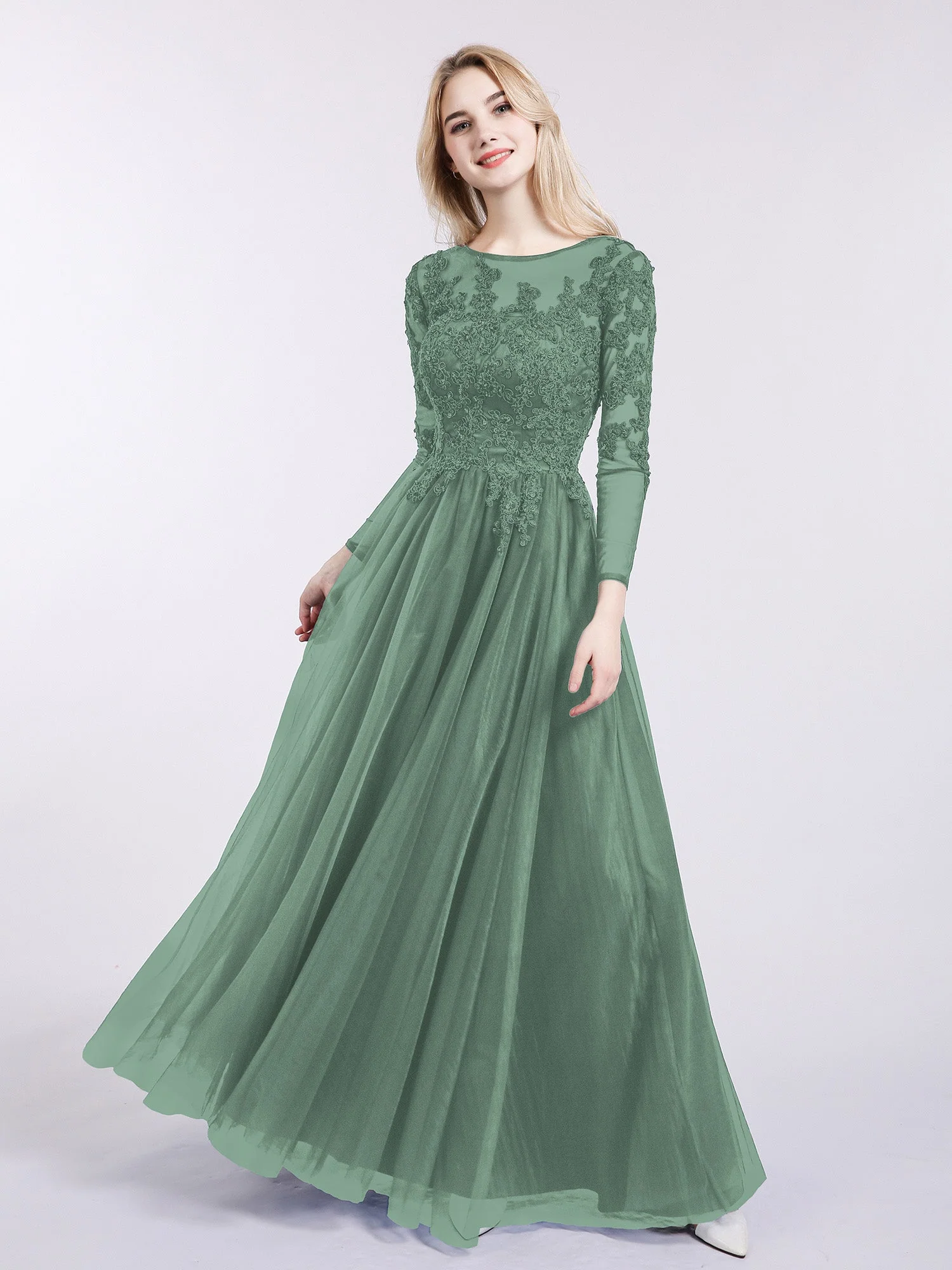 Tüll mit Applique Lange Ärmels Kleid Eukalyptus