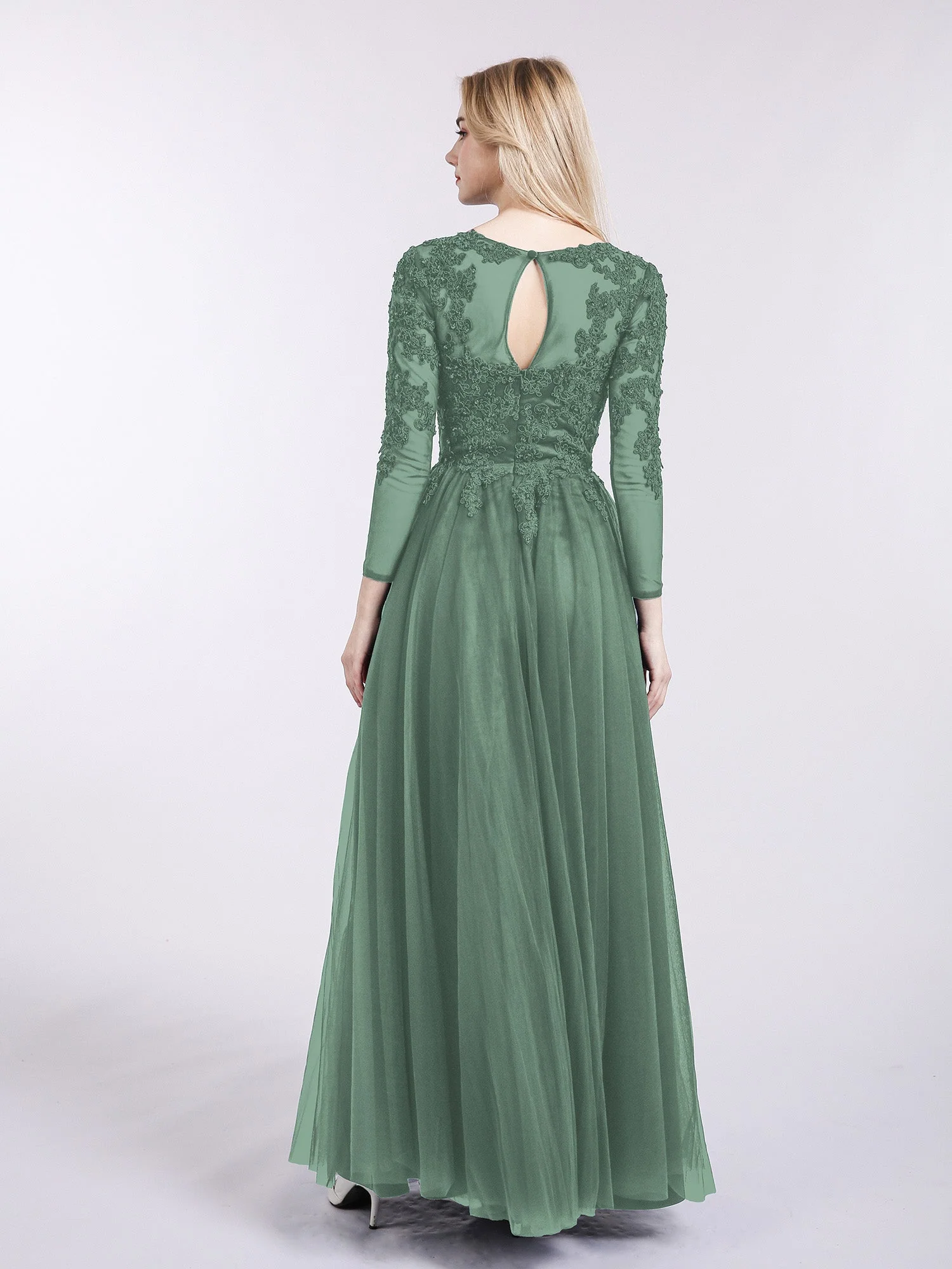 Tüll mit Applique Lange Ärmels Kleid Eukalyptus - Image 2