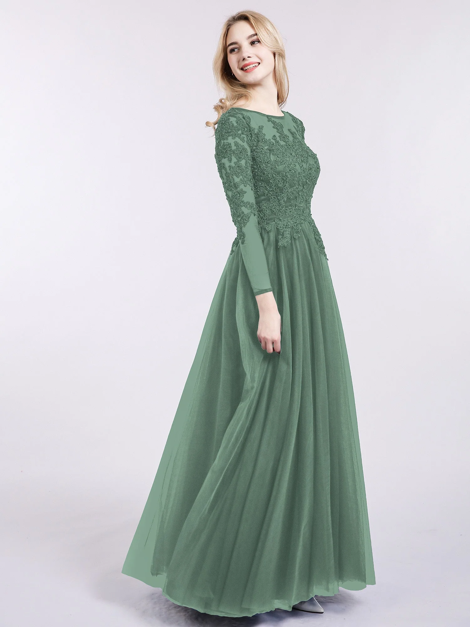 Tüll mit Applique Lange Ärmels Kleid Eukalyptus - Image 3