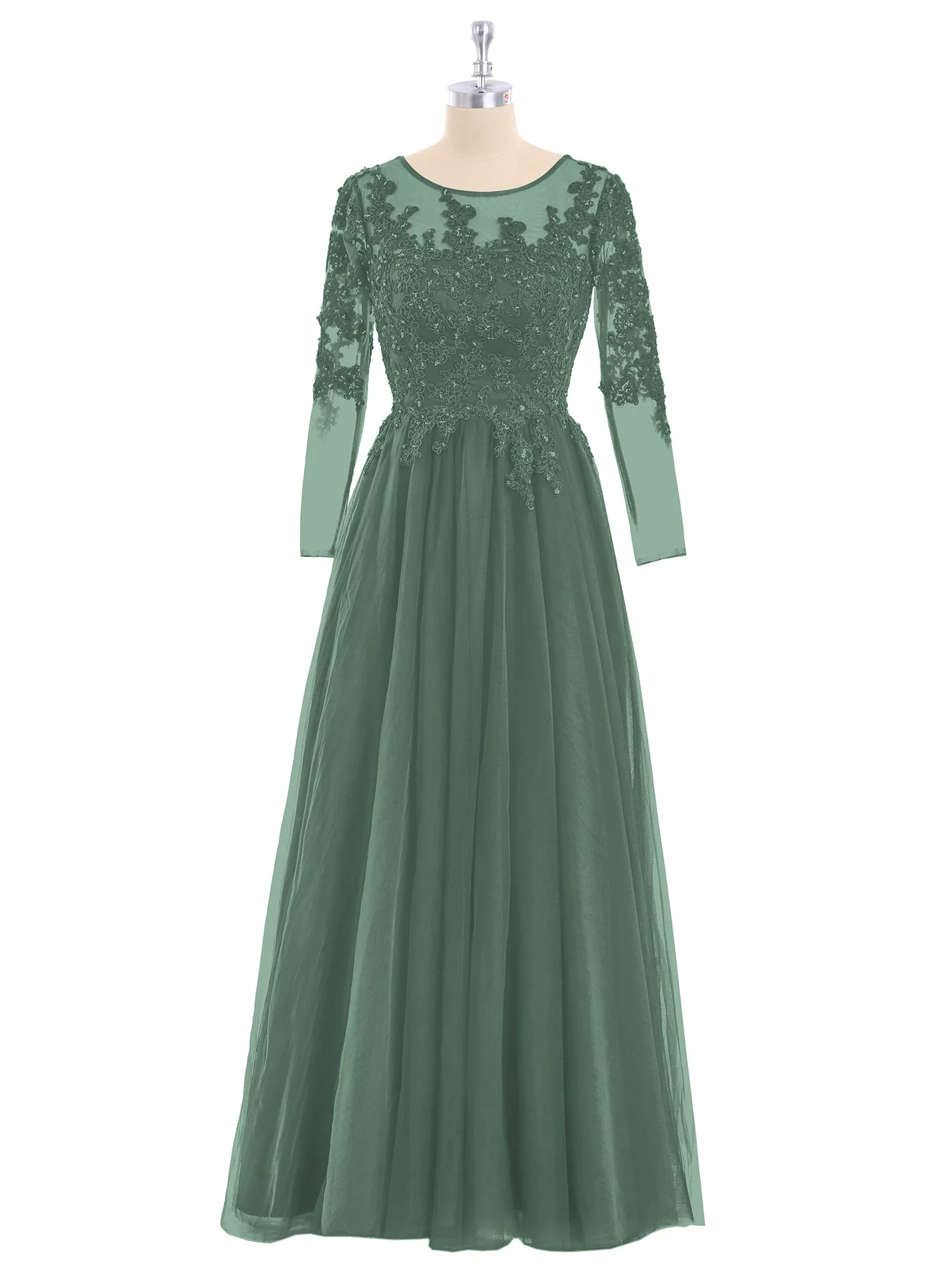 Tüll mit Applique Lange Ärmels Kleid Eukalyptus - Image 4