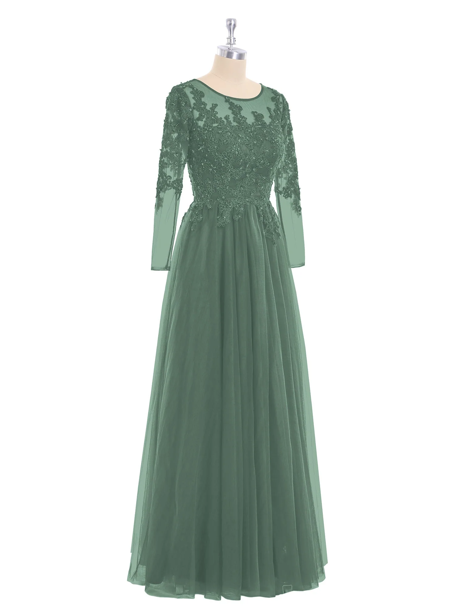 Tüll mit Applique Lange Ärmels Kleid Eukalyptus - Image 5