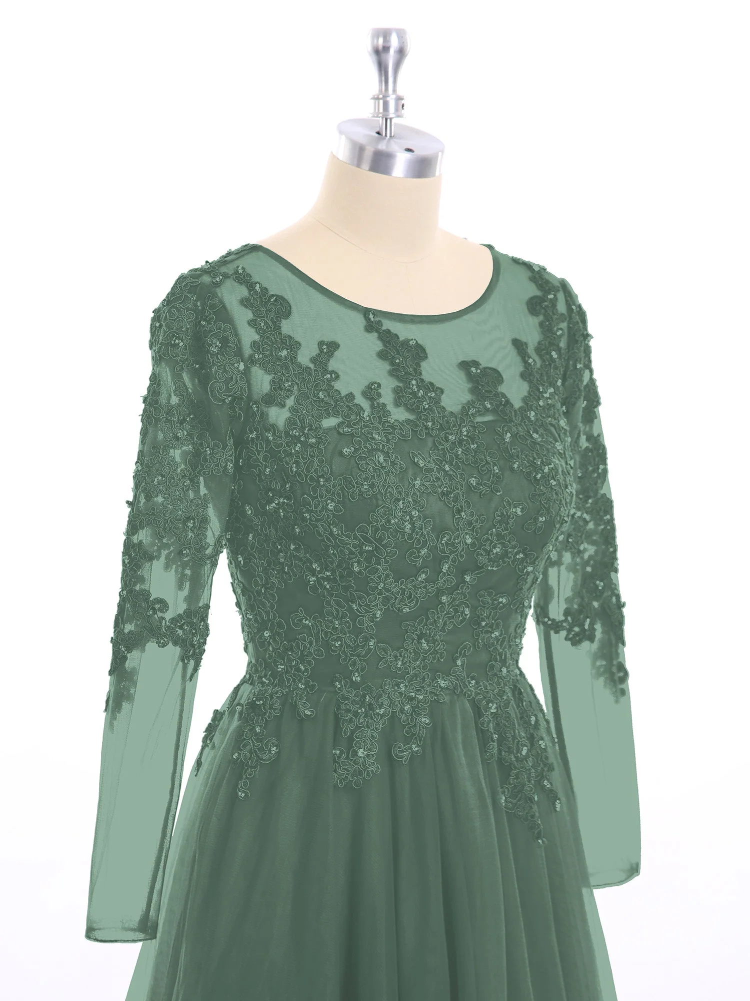 Tüll mit Applique Lange Ärmels Kleid Eukalyptus - Image 6