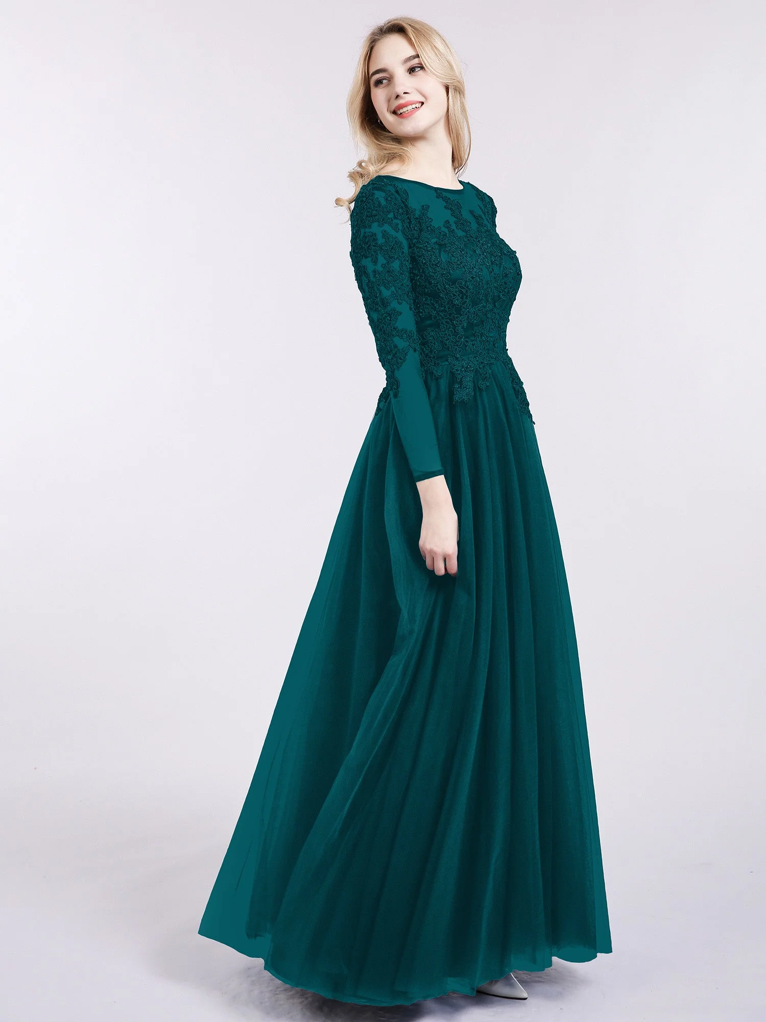 Tüll mit Applique Lange Ärmels Kleid Kieferngrün - Image 3