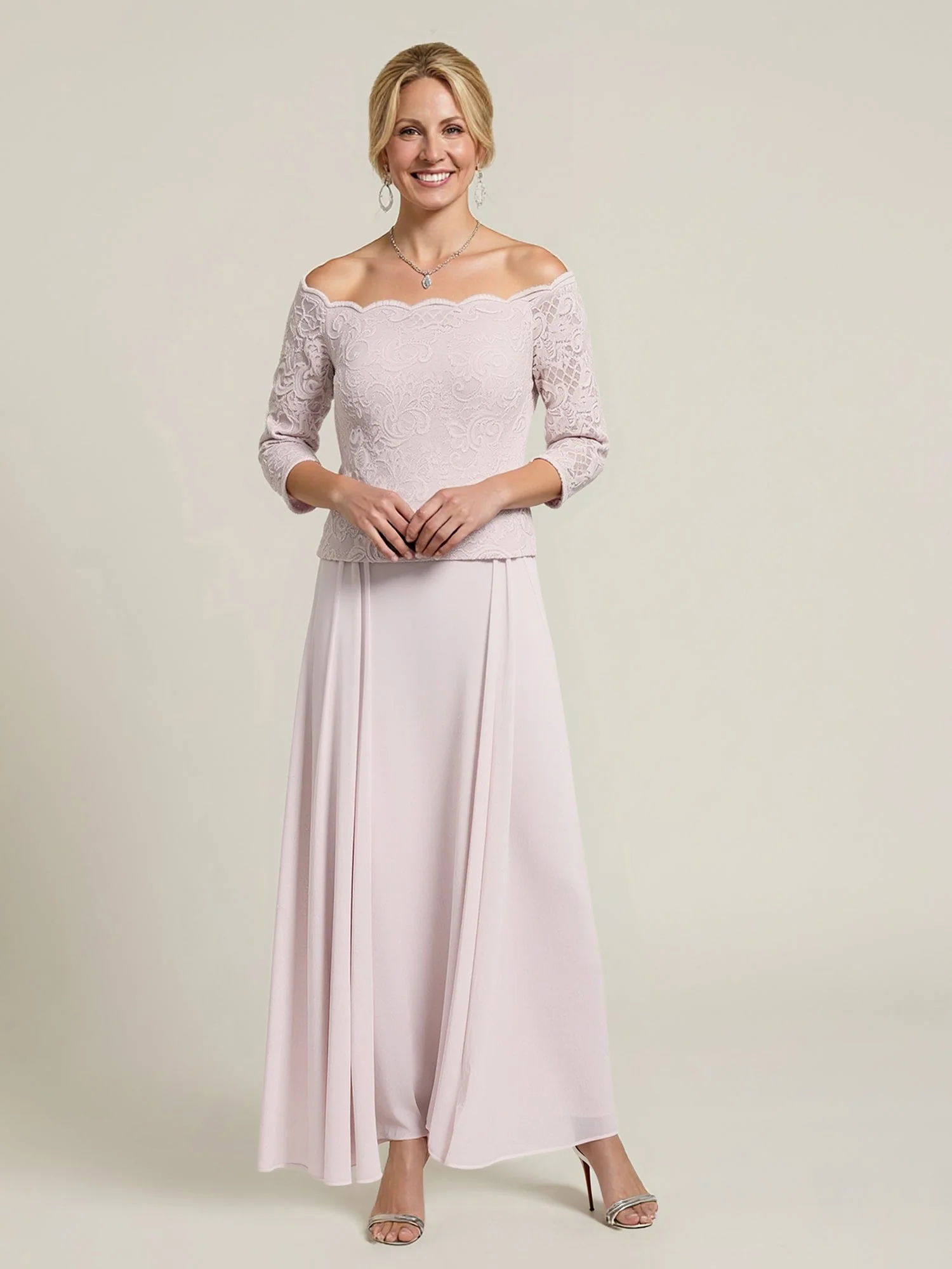 Spitze Oberteil Schulterfrei Ensemble Kleid Champagner