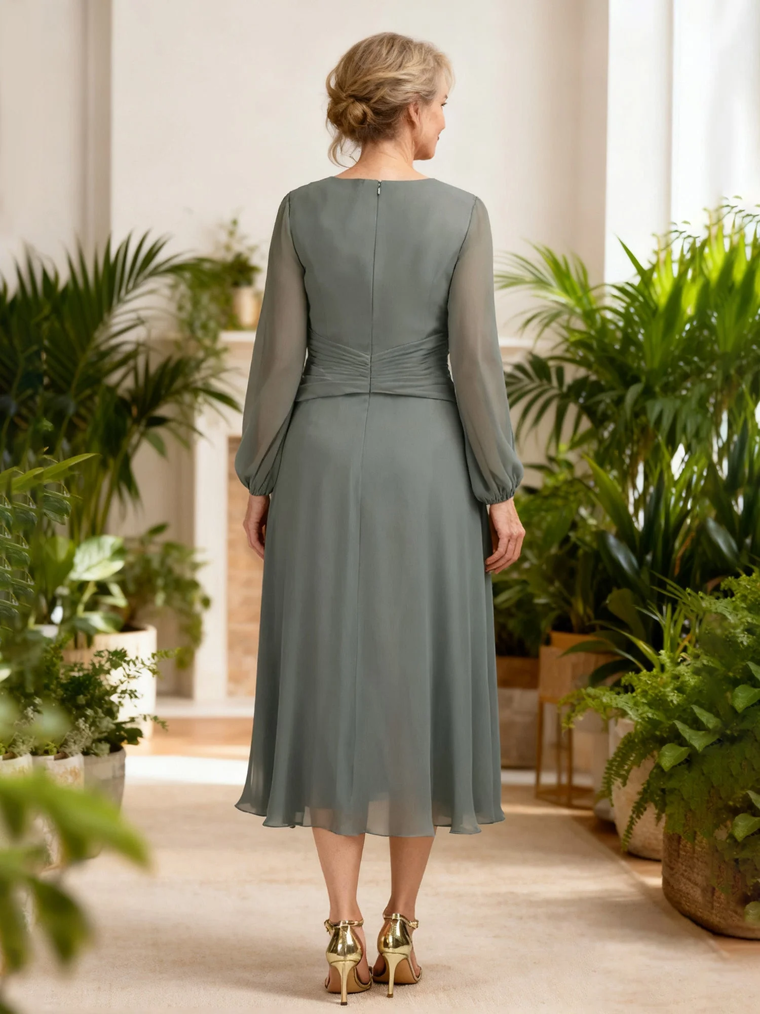 V-Ausschnitt Chiffon A-Linie Kleid mit geraffter Taille Schwarz - Image 2