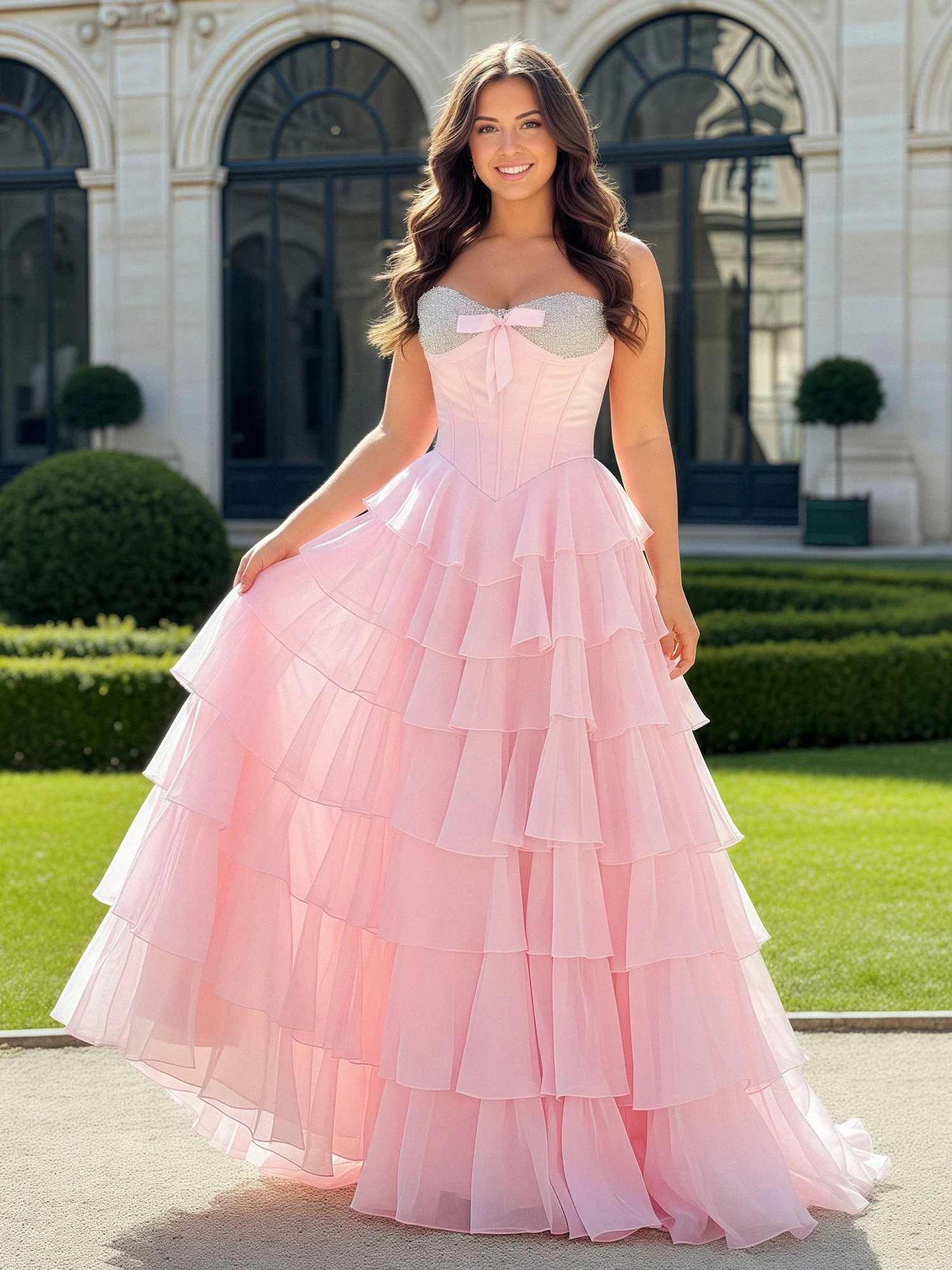 A-Linie Perlen Herzform Ausschnitt Stufen Chiffon Kleid Grün
