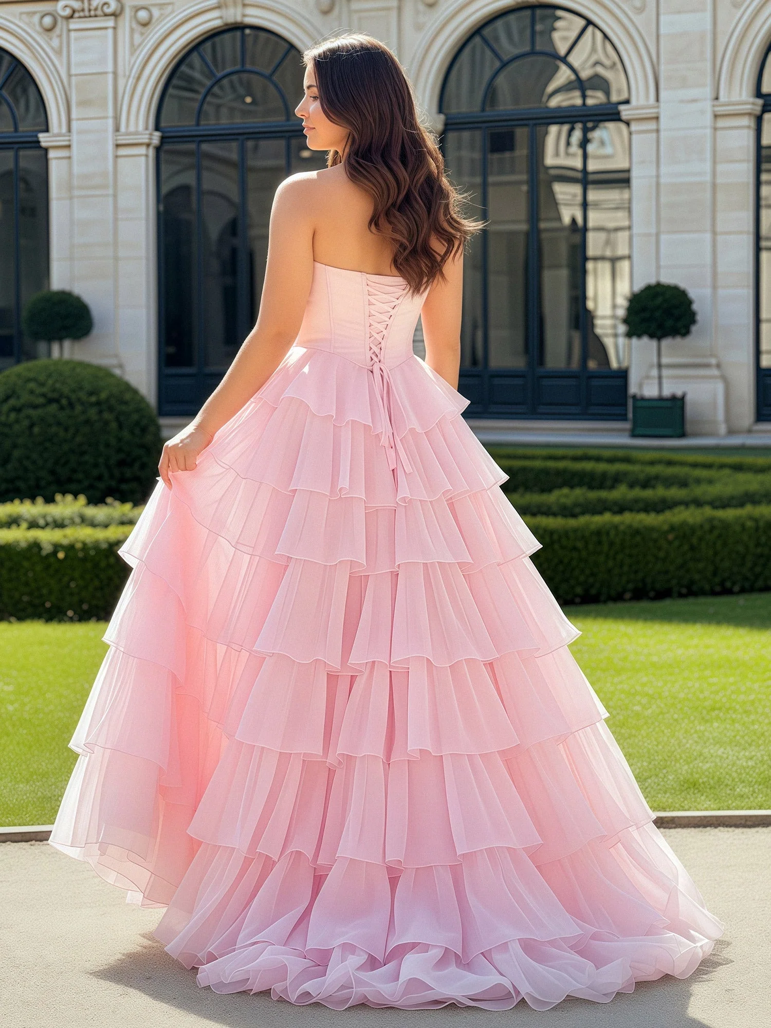 A-Linie Perlen Herzform Ausschnitt Stufen Chiffon Kleid Jade - Image 2
