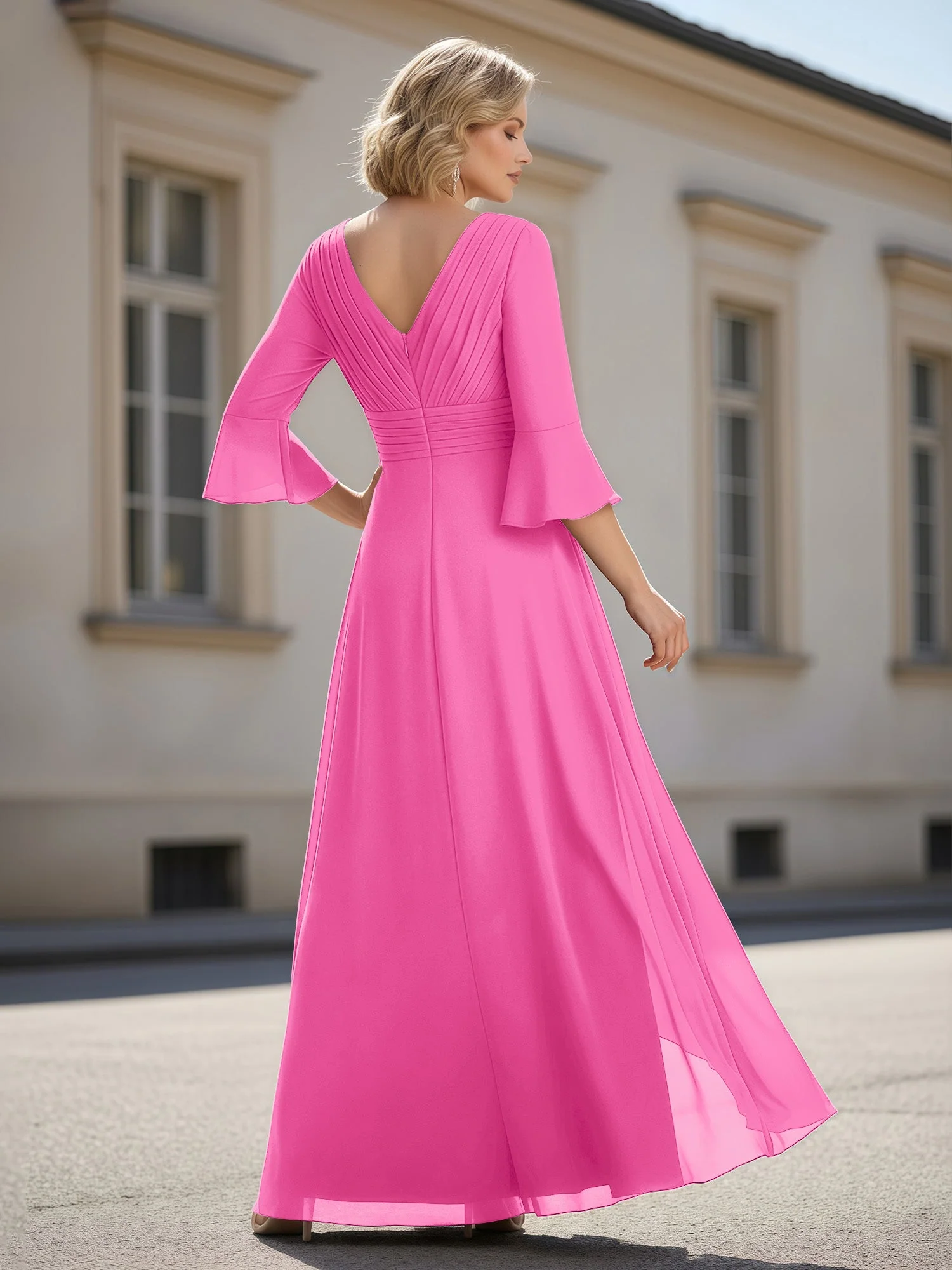 3/4 Ärmel Plissee V-Ausschnitt Rüschen A-Linie Kleid Azalee - Image 2