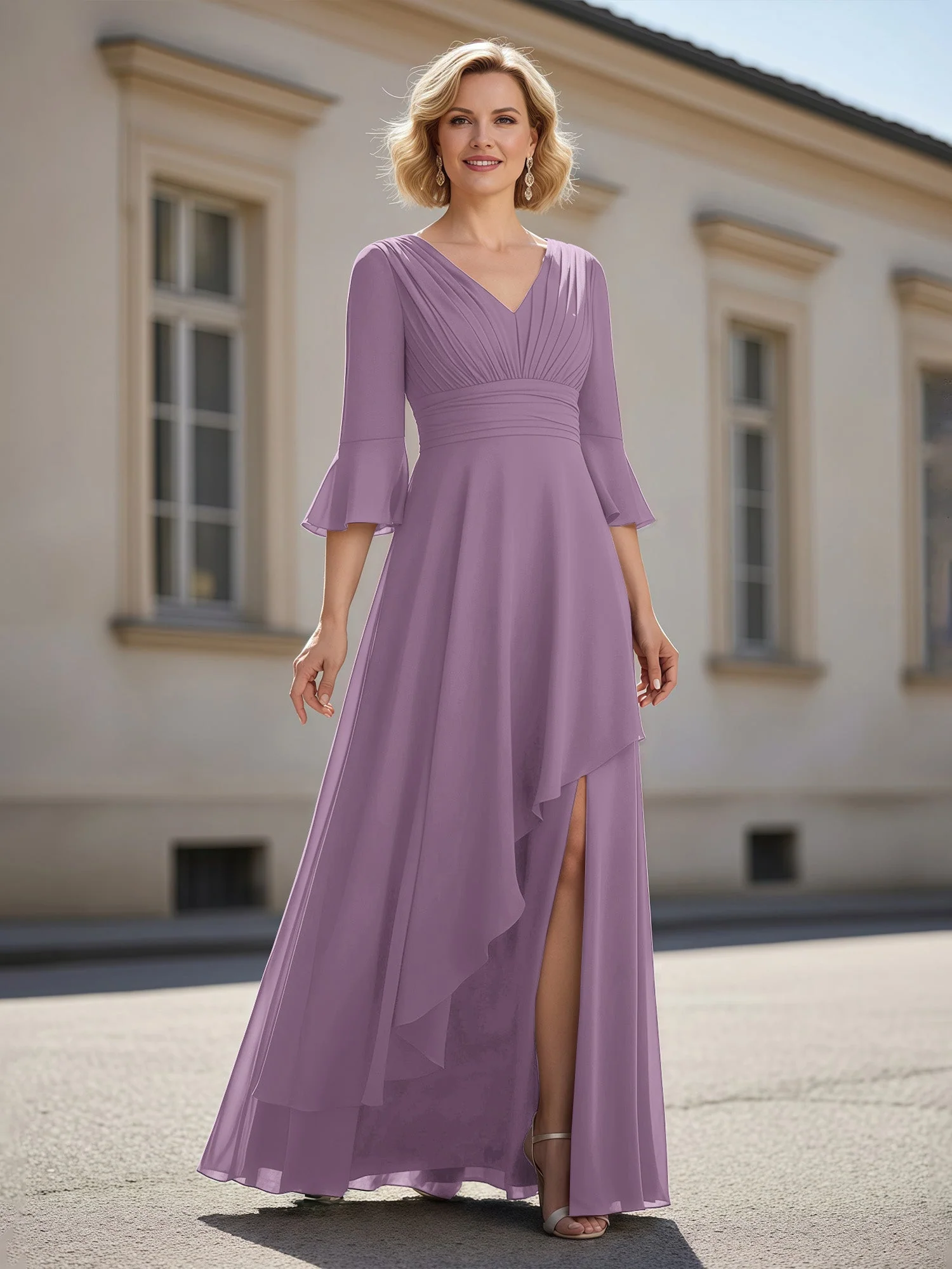 3/4 Ärmel Plissee V-Ausschnitt Rüschen A-Linie Kleid Blauregen