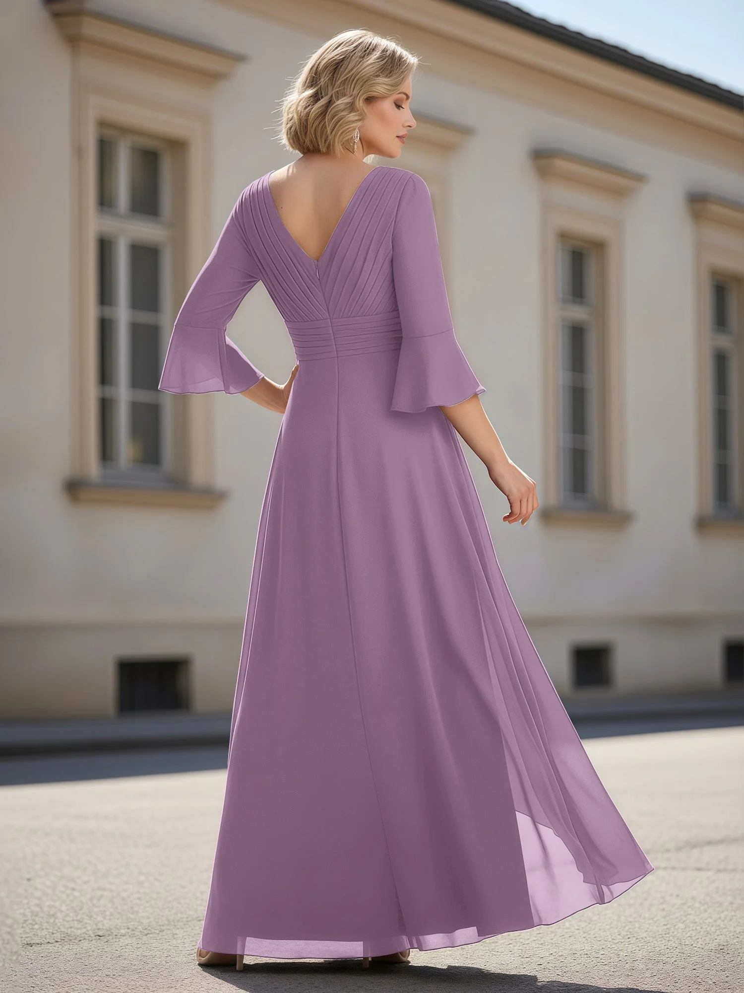 3/4 Ärmel Plissee V-Ausschnitt Rüschen A-Linie Kleid Blauregen - Image 2