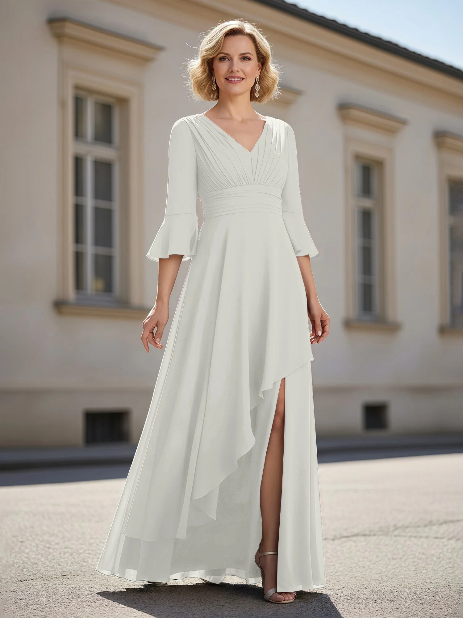3/4 Ärmel Plissee V-Ausschnitt Rüschen A-Linie Kleid Elfenbein