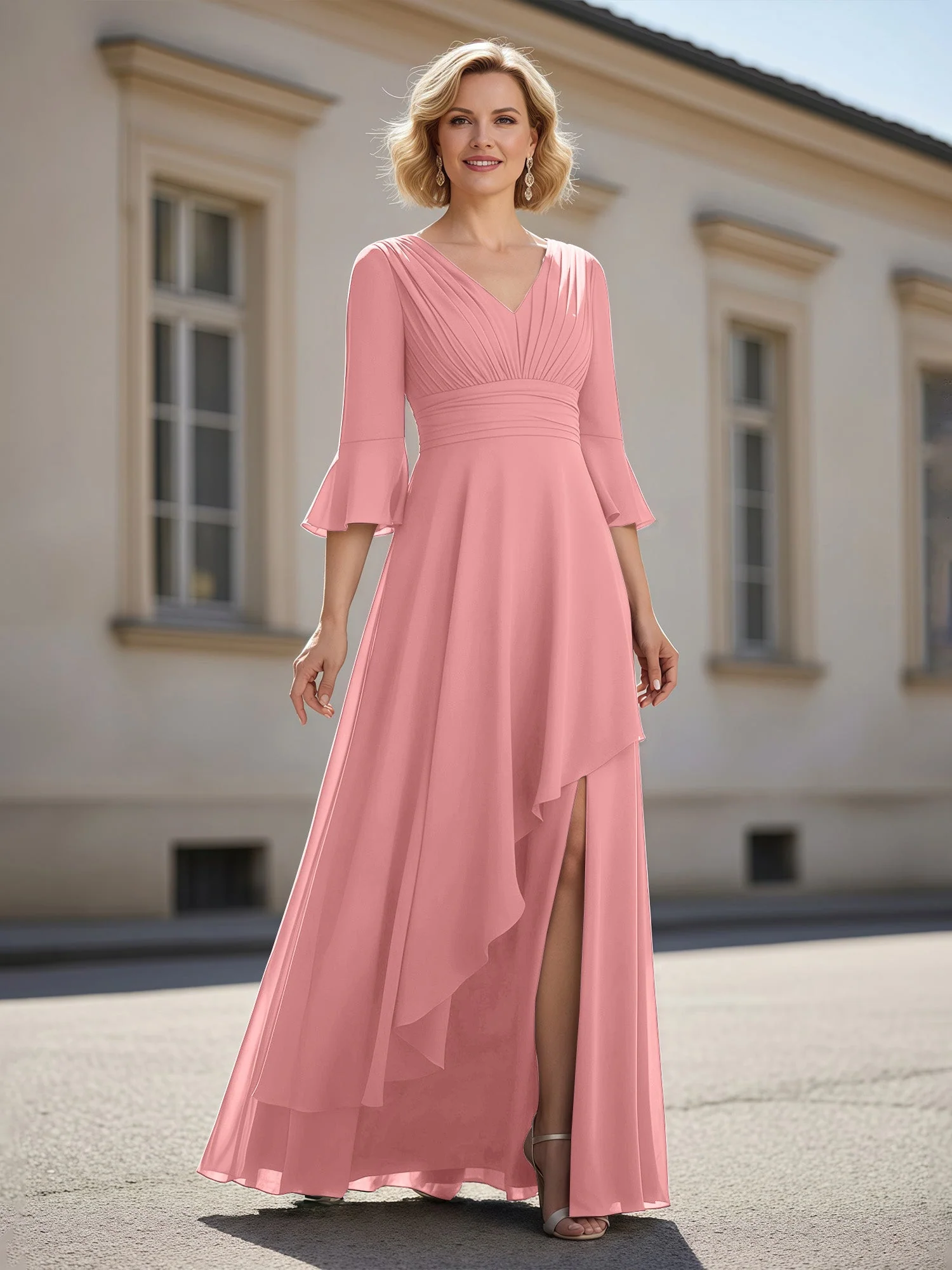 3/4 Ärmel Plissee V-Ausschnitt Rüschen A-Linie Kleid Flamingo