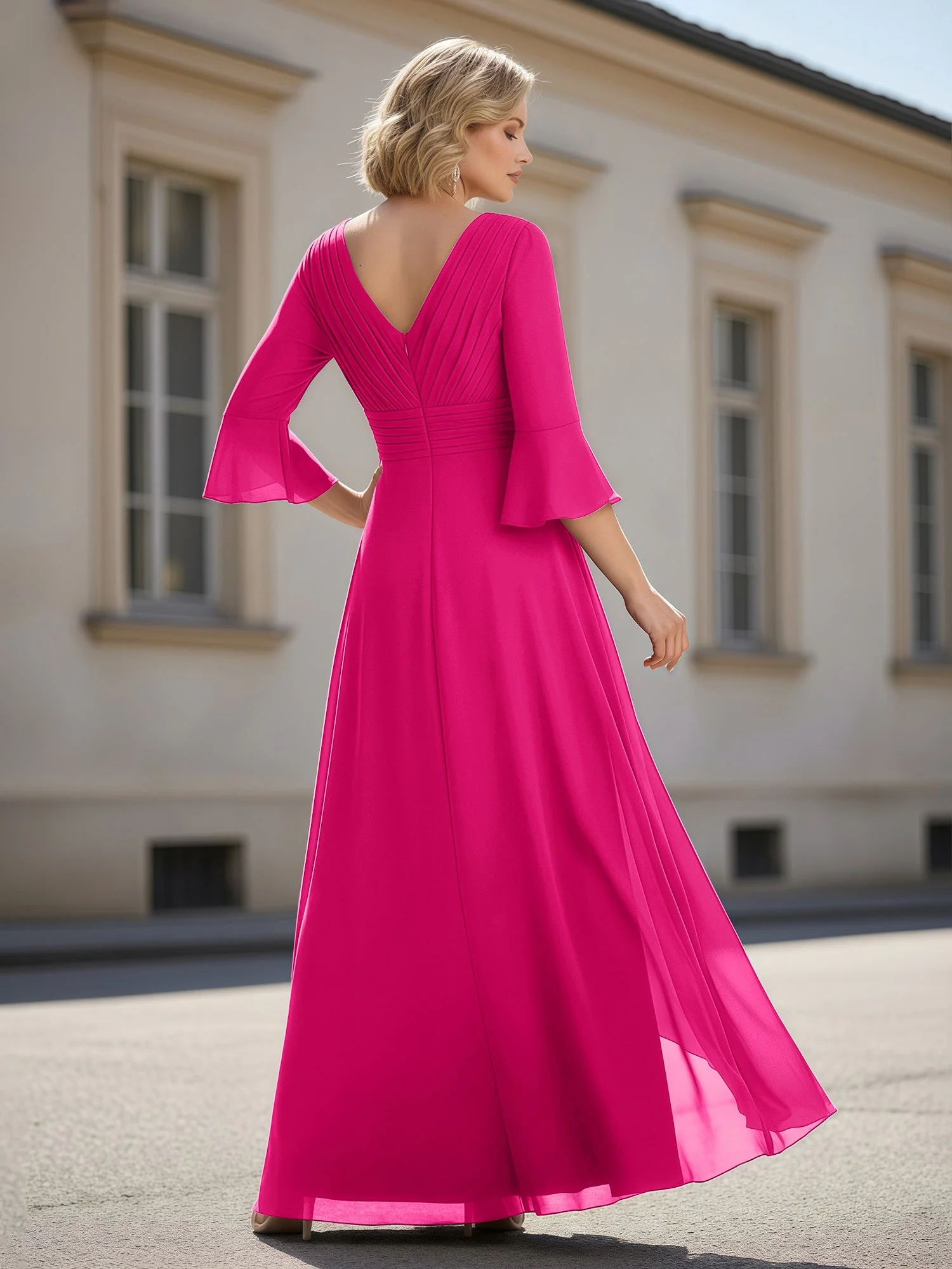 3/4 Ärmel Plissee V-Ausschnitt Rüschen A-Linie Kleid Fuchsia - Image 2