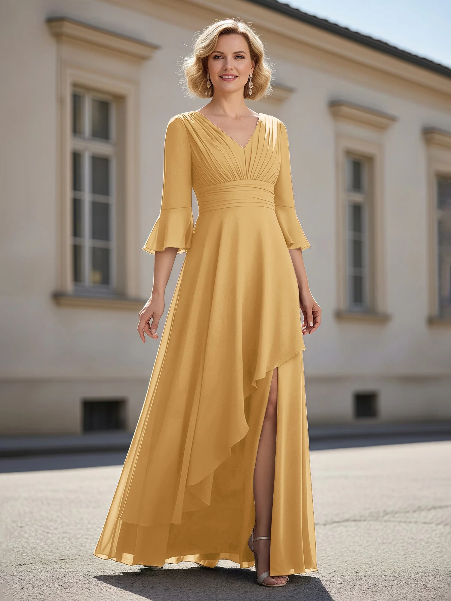 3/4 Ärmel Plissee V-Ausschnitt Rüschen A-Linie Kleid Gold