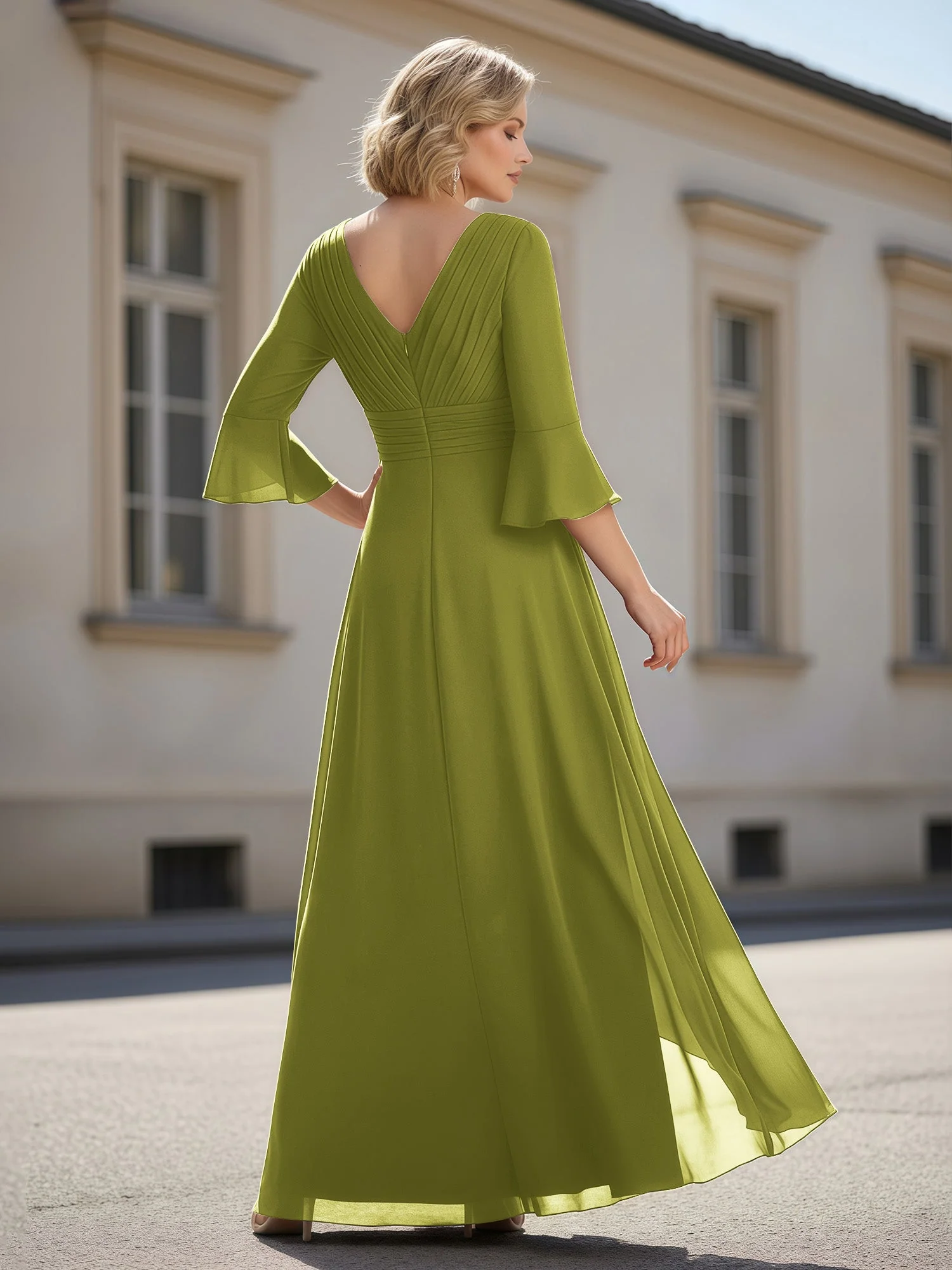 3/4 Ärmel Plissee V-Ausschnitt Rüschen A-Linie Kleid Kleegrün - Image 2