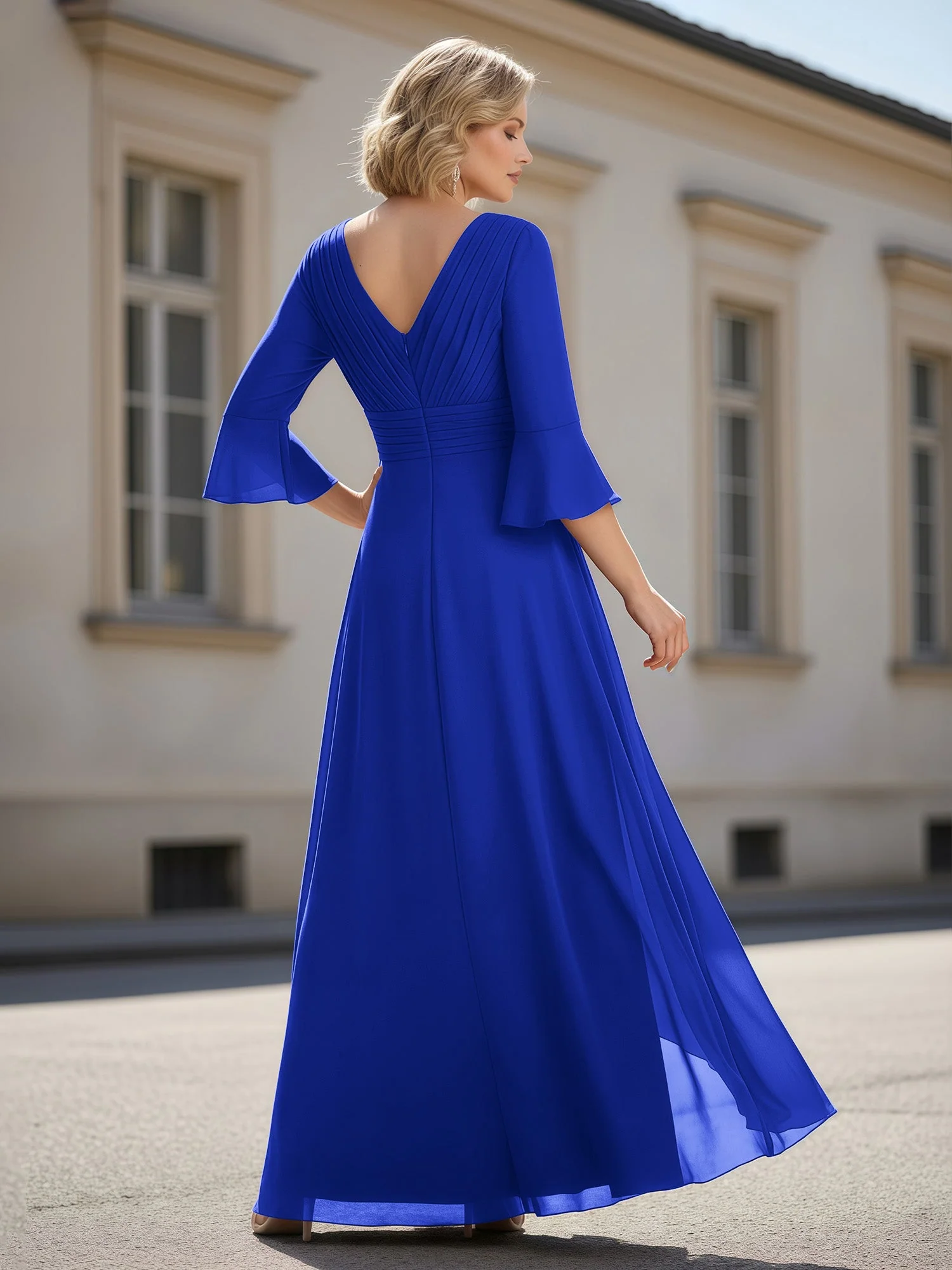 3/4 Ärmel Plissee V-Ausschnitt Rüschen A-Linie Kleid Königsblau - Image 2