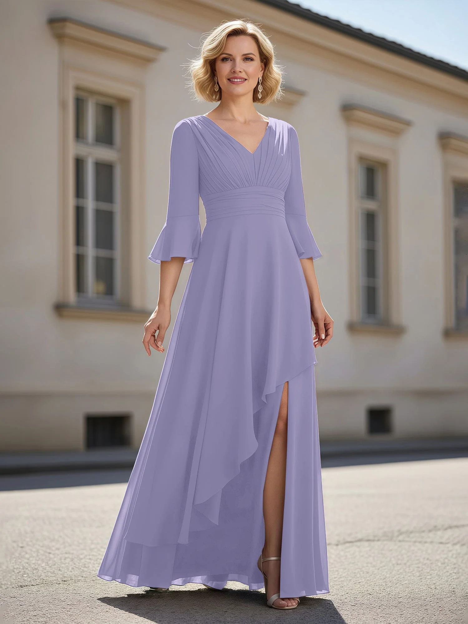3/4 Ärmel Plissee V-Ausschnitt Rüschen A-Linie Kleid Lavendel