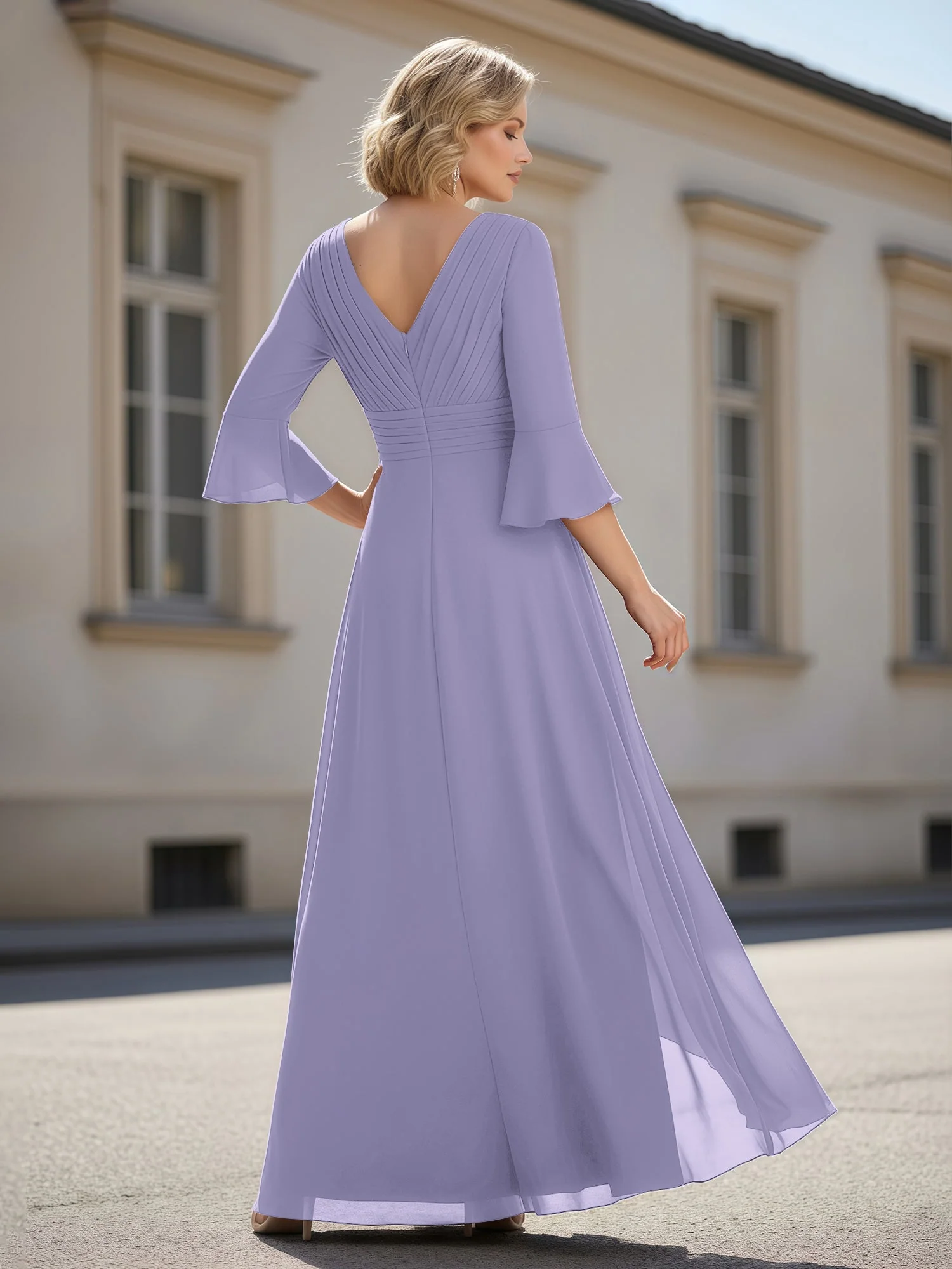 3/4 Ärmel Plissee V-Ausschnitt Rüschen A-Linie Kleid Lavendel - Image 2