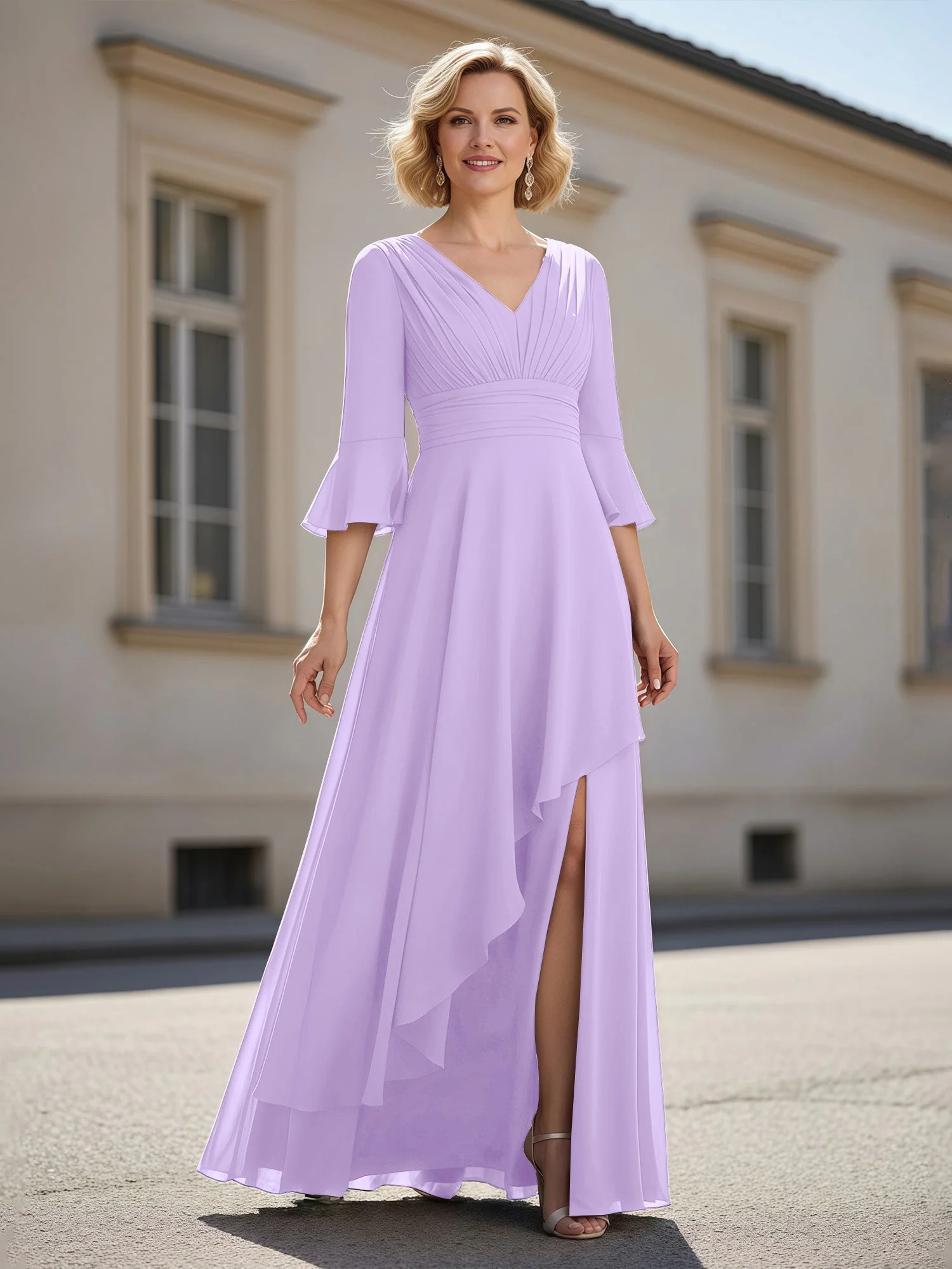 3/4 Ärmel Plissee V-Ausschnitt Rüschen A-Linie Kleid Lila