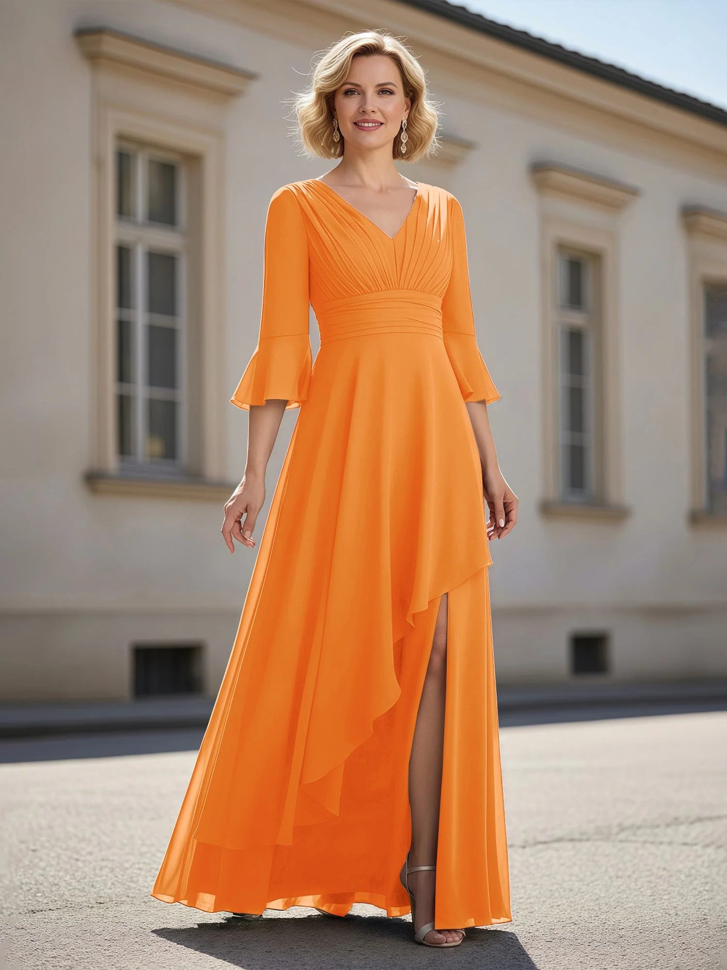 3/4 Ärmel Plissee V-Ausschnitt Rüschen A-Linie Kleid Orange