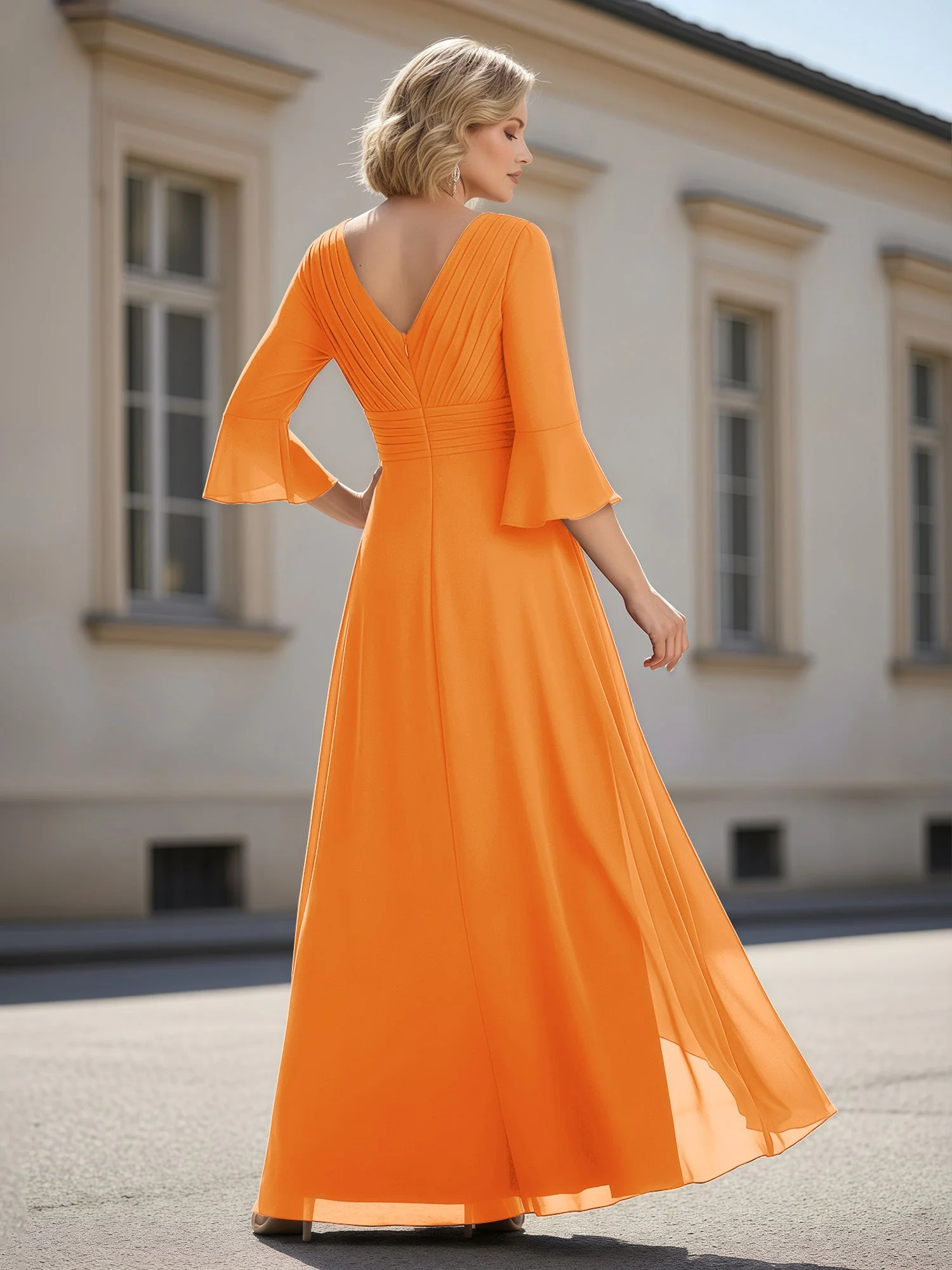3/4 Ärmel Plissee V-Ausschnitt Rüschen A-Linie Kleid Orange - Image 2