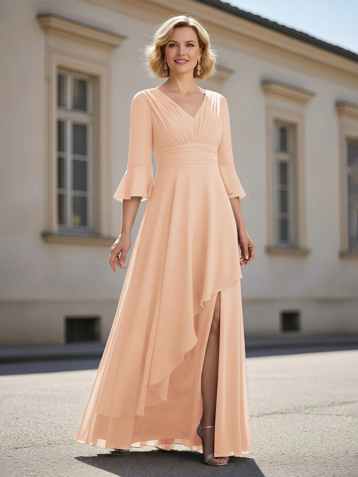3/4 Ärmel Plissee V-Ausschnitt Rüschen A-Linie Kleid Perlrosa