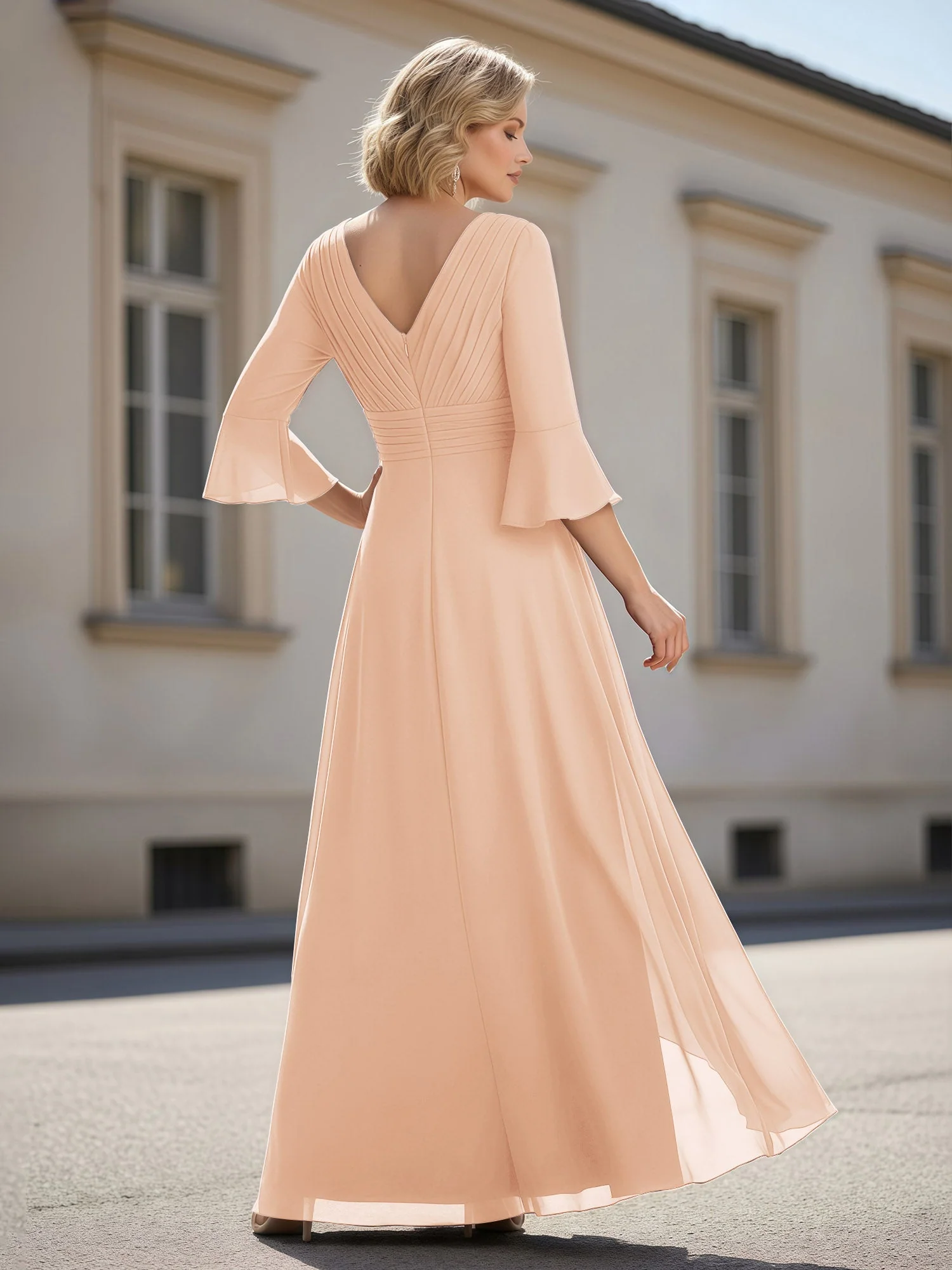 3/4 Ärmel Plissee V-Ausschnitt Rüschen A-Linie Kleid Perlrosa - Image 2