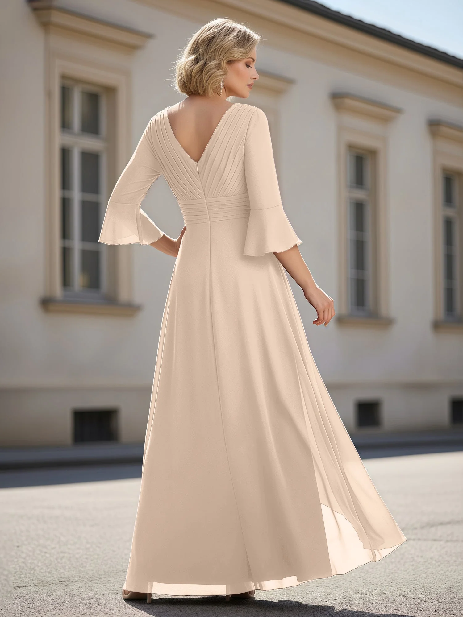 3/4 Ärmel Plissee V-Ausschnitt Rüschen A-Linie Kleid Pfirsich - Image 2