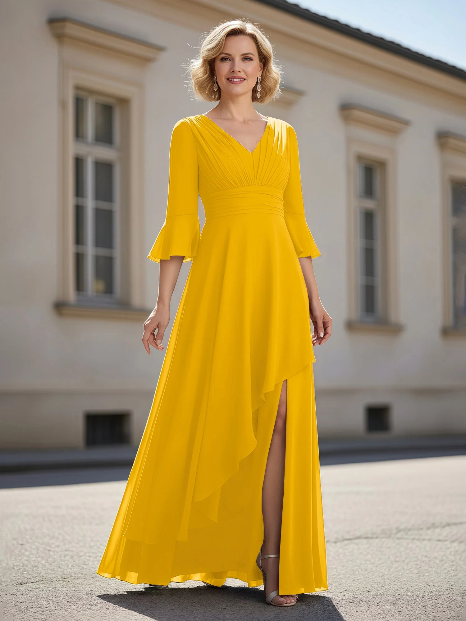 3/4 Ärmel Plissee V-Ausschnitt Rüschen A-Linie Kleid Ringelblume