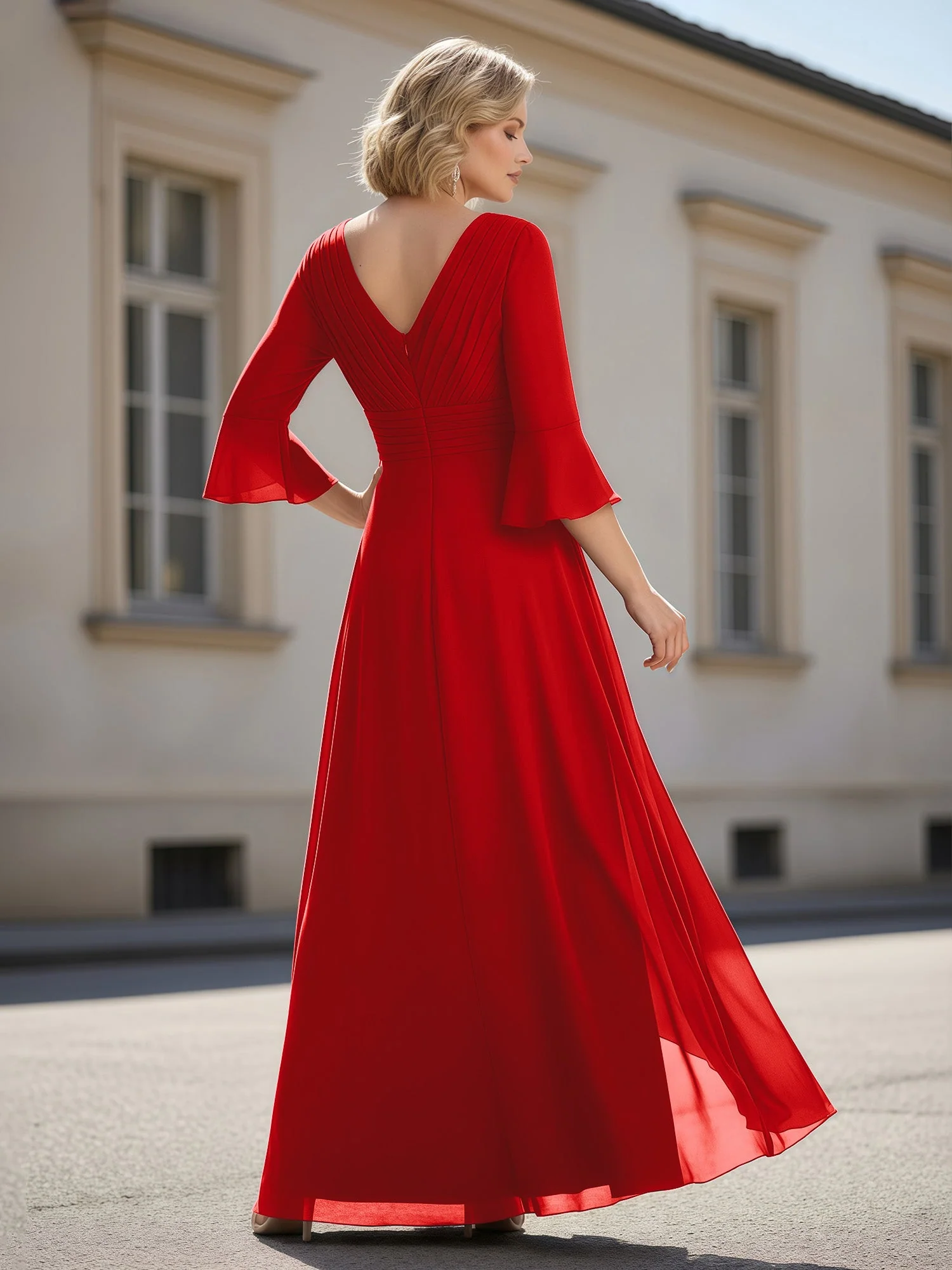 3/4 Ärmel Plissee V-Ausschnitt Rüschen A-Linie Kleid Rot - Image 2