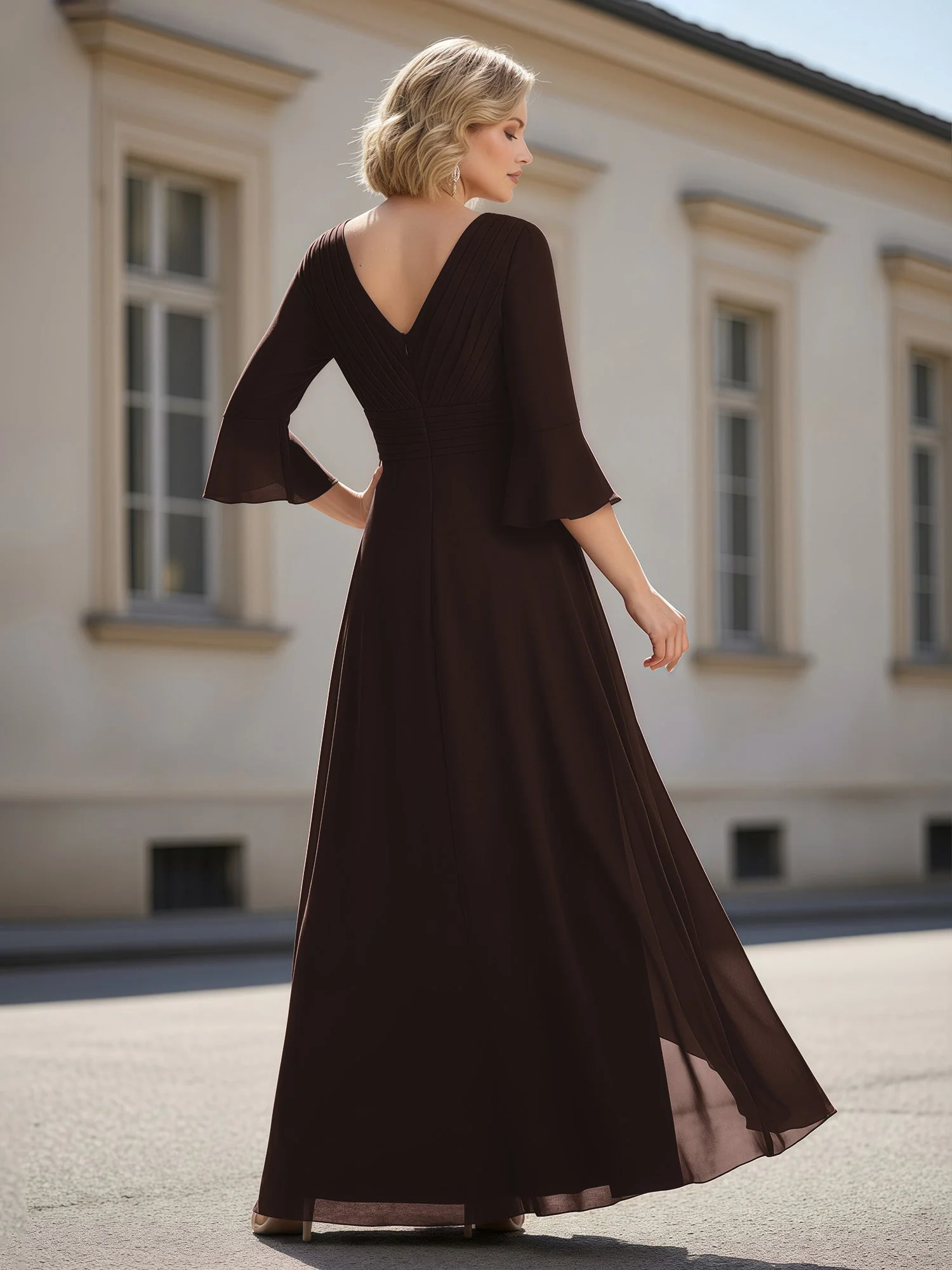 3/4 Ärmel Plissee V-Ausschnitt Rüschen A-Linie Kleid Schokolade - Image 2