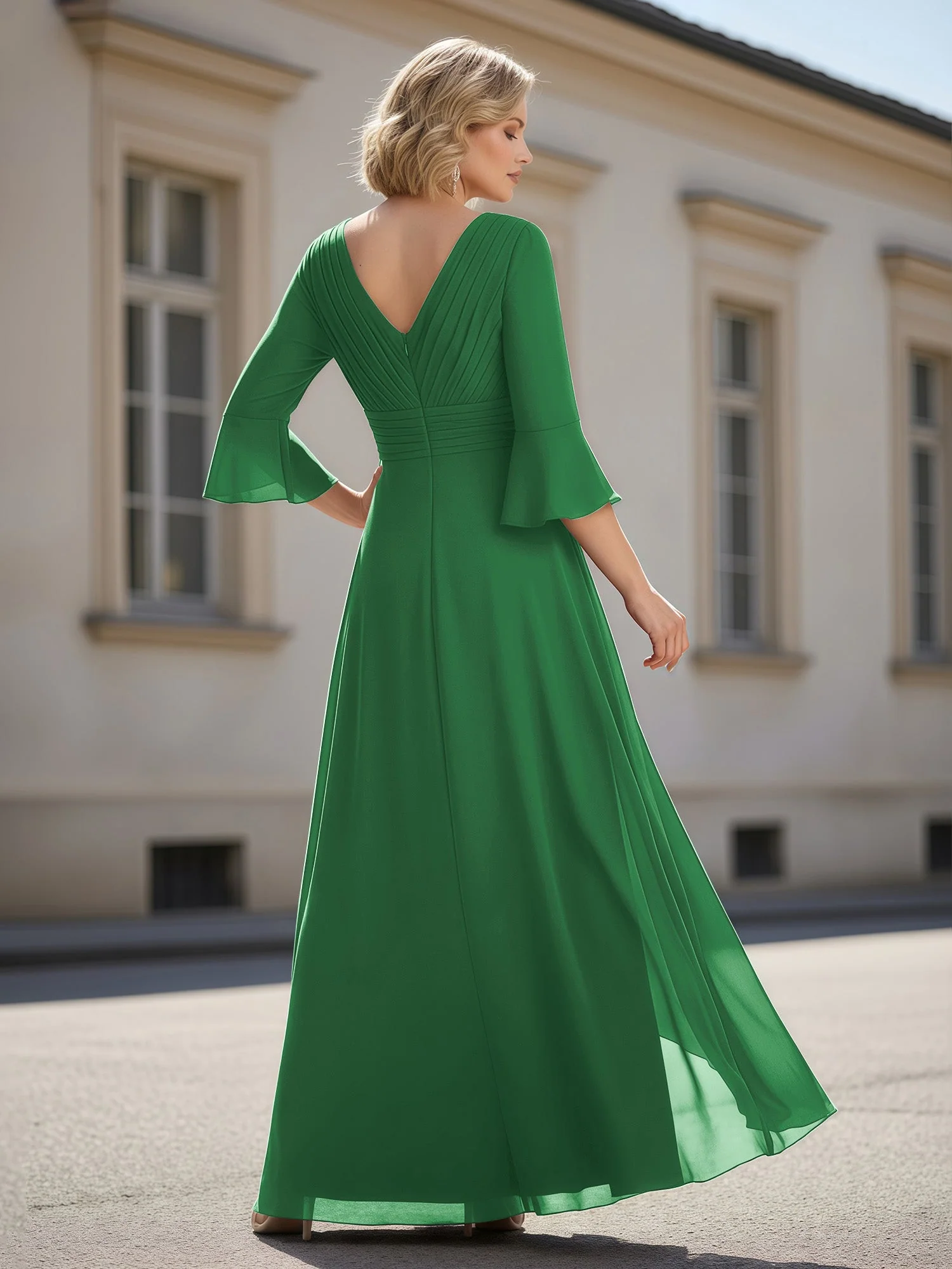 3/4 Ärmel Plissee V-Ausschnitt Rüschen A-Linie Kleid Smaragd - Image 2