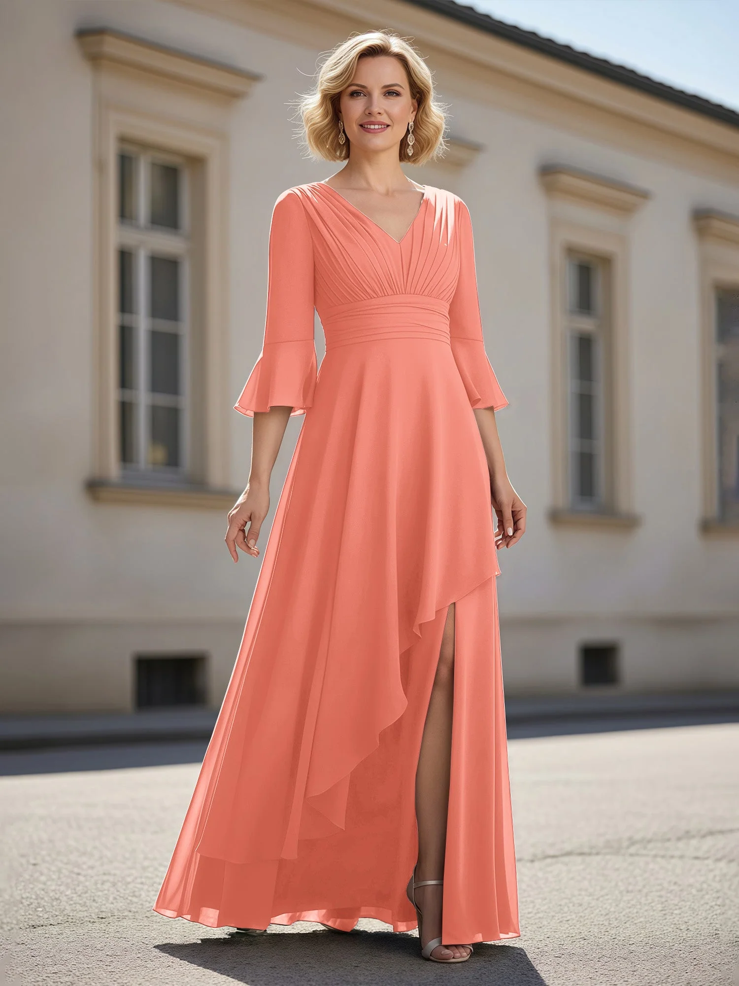 3/4 Ärmel Plissee V-Ausschnitt Rüschen A-Linie Kleid Sonnenuntergang