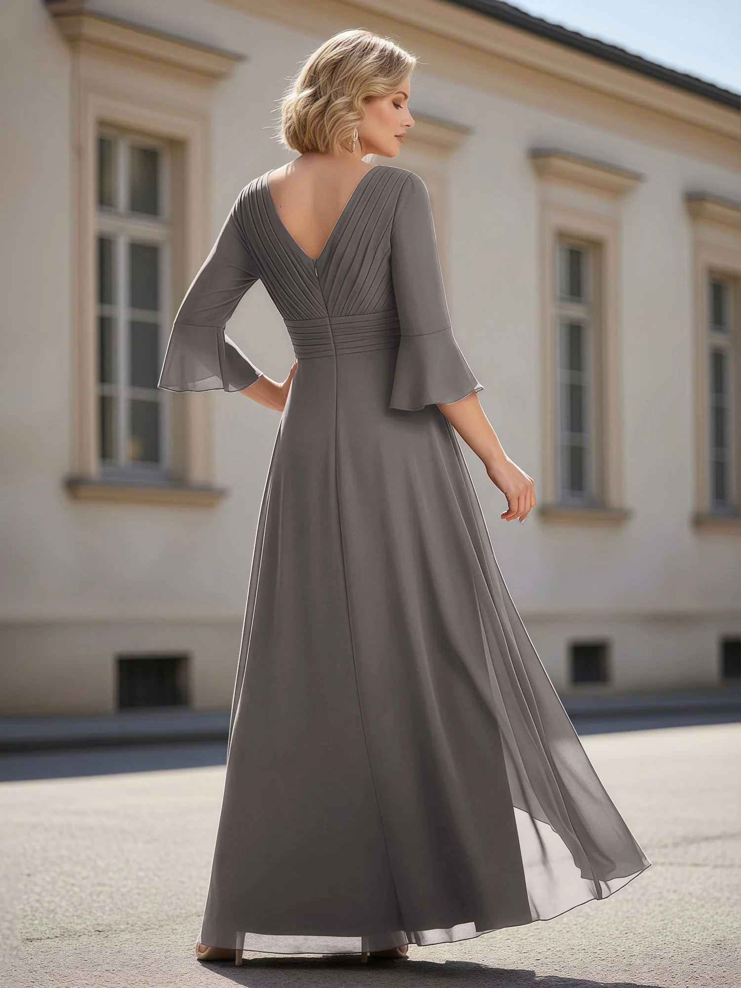 3/4 Ärmel Plissee V-Ausschnitt Rüschen A-Linie Kleid Stahlgrau - Image 2