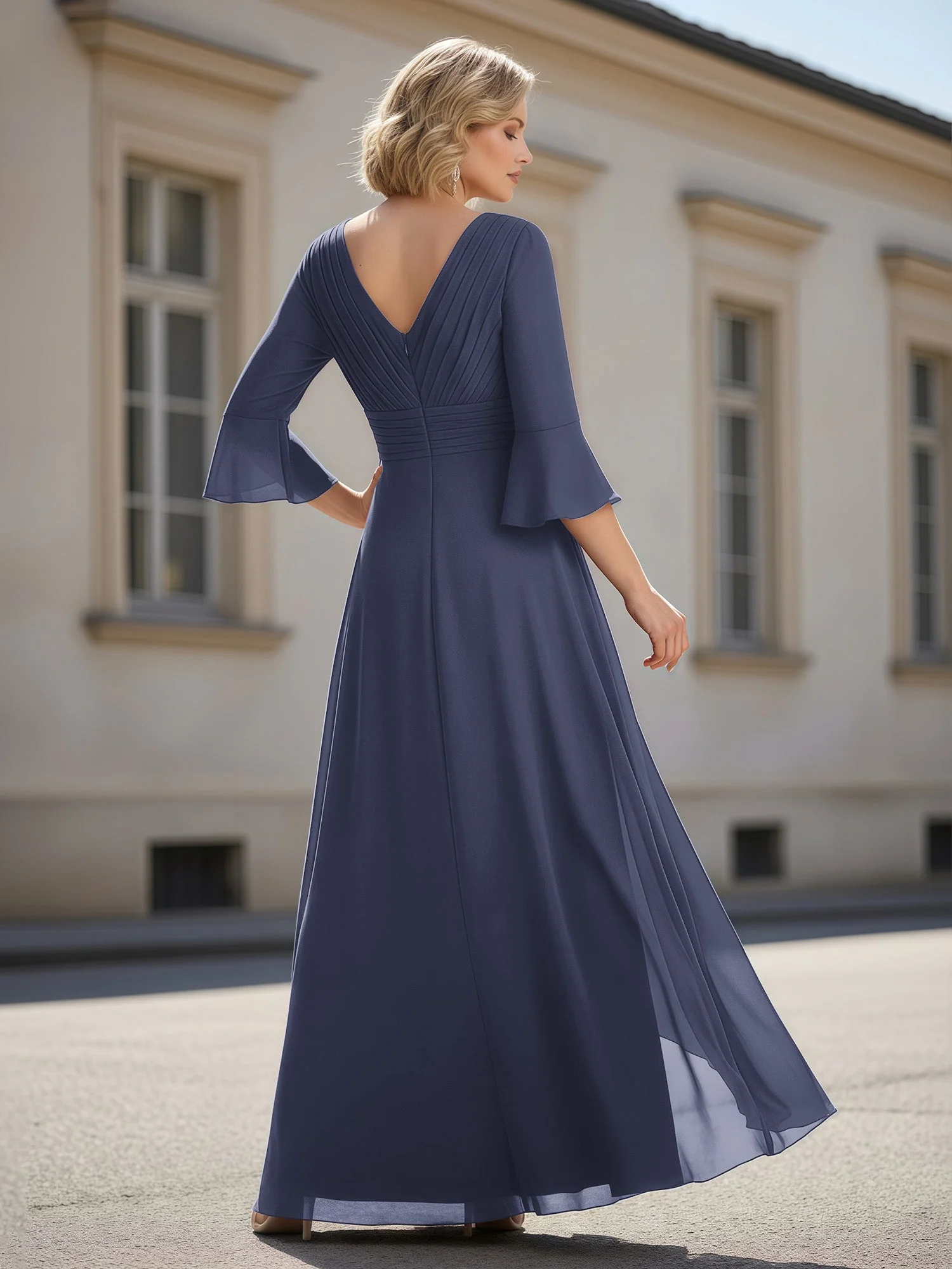 3/4 Ärmel Plissee V-Ausschnitt Rüschen A-Linie Kleid Sturm - Image 2