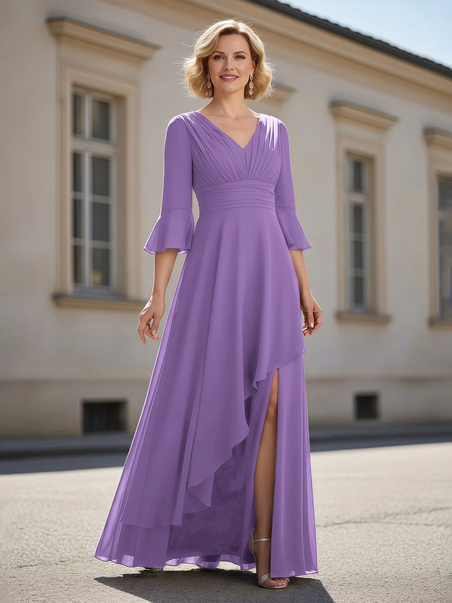 3/4 Ärmel Plissee V-Ausschnitt Rüschen A-Linie Kleid Tahiti