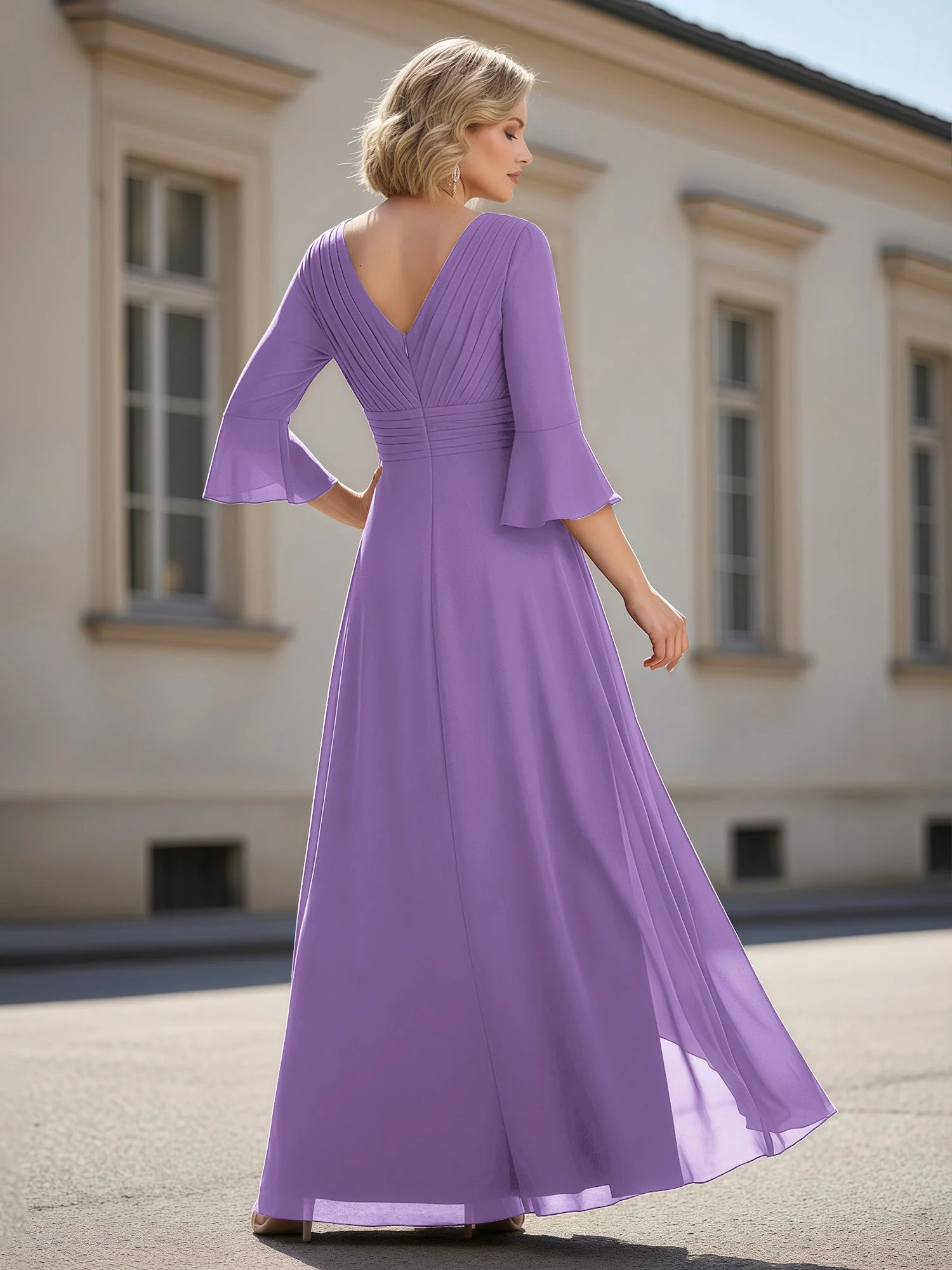 3/4 Ärmel Plissee V-Ausschnitt Rüschen A-Linie Kleid Tahiti - Image 2