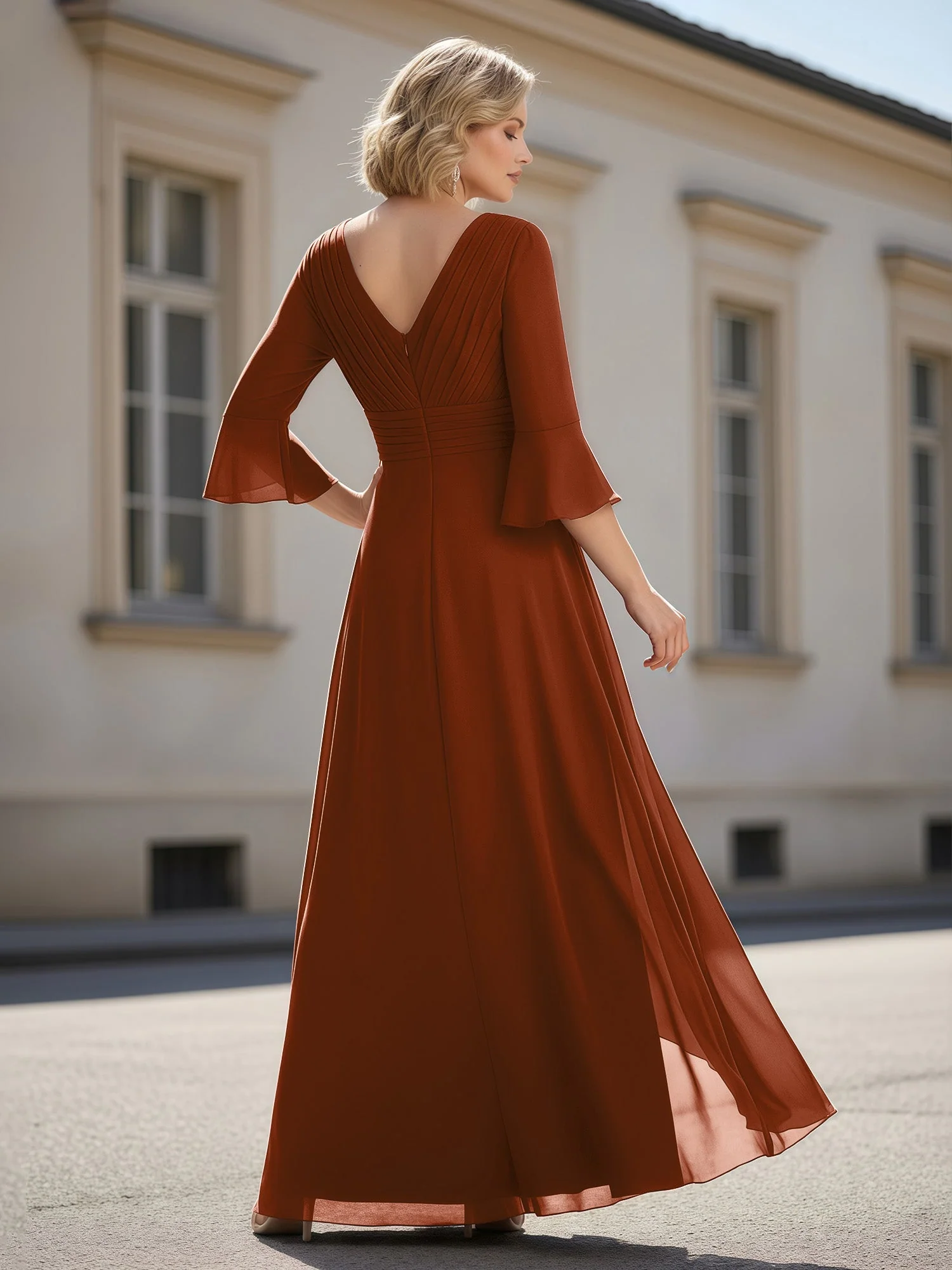 3/4 Ärmel Plissee V-Ausschnitt Rüschen A-Linie Kleid Terrakotta - Image 2
