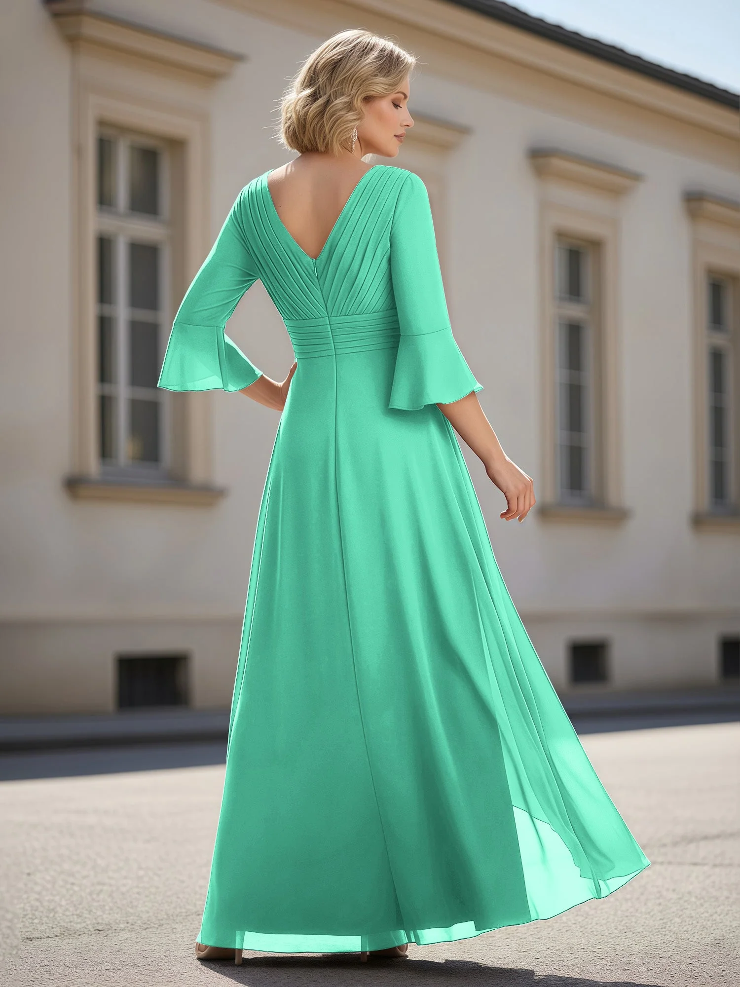 3/4 Ärmel Plissee V-Ausschnitt Rüschen A-Linie Kleid Türkis - Image 2