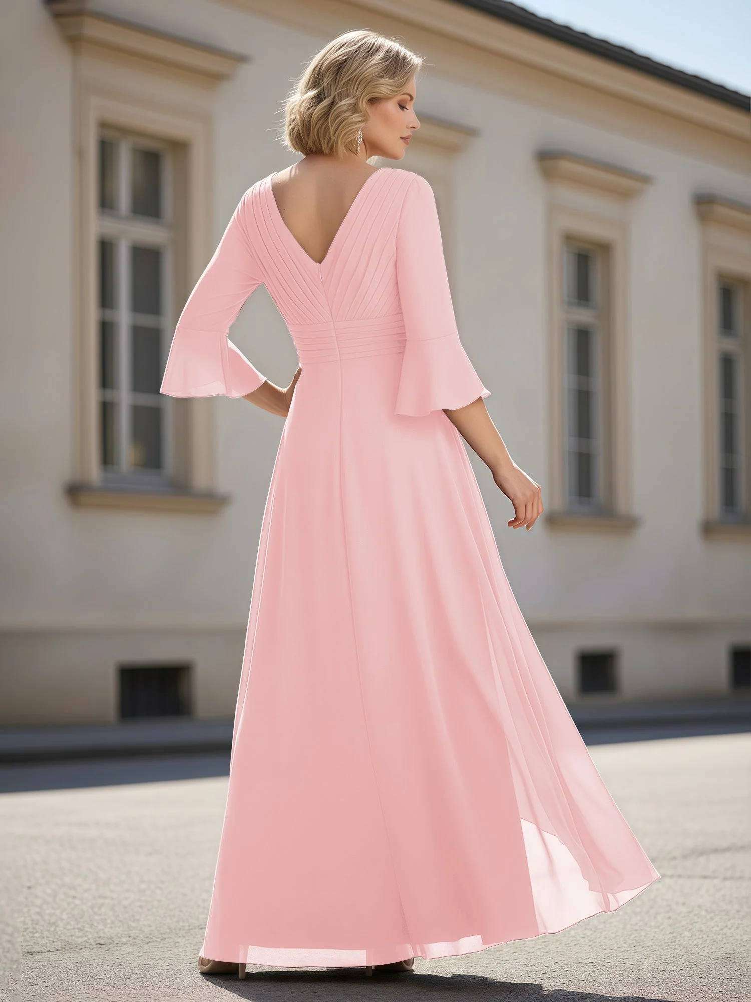 3/4 Ärmel Plissee V-Ausschnitt Rüschen A-Linie Kleid Zartrosa - Image 2