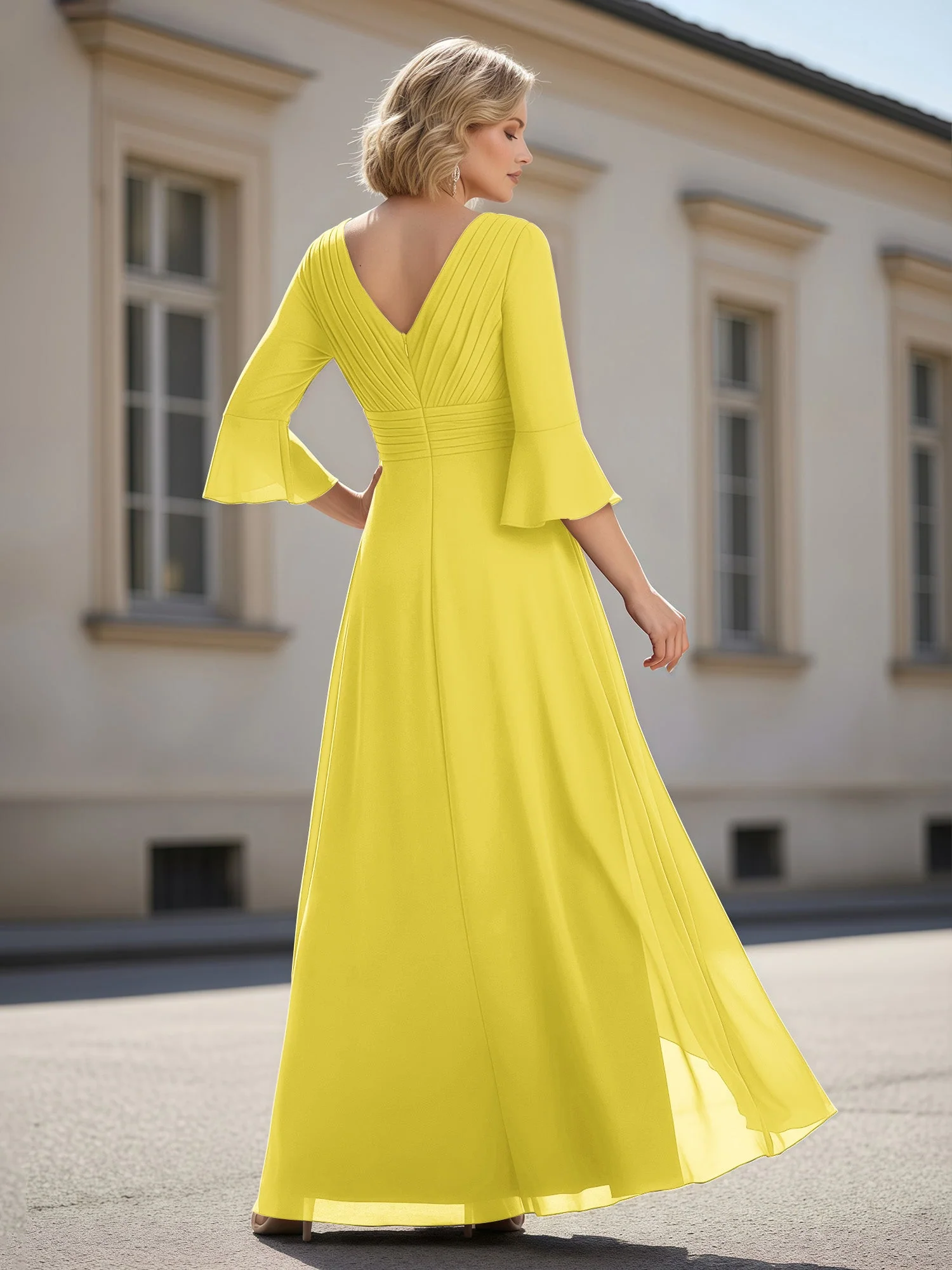 3/4 Ärmel Plissee V-Ausschnitt Rüschen A-Linie Kleid Zitrone - Image 2