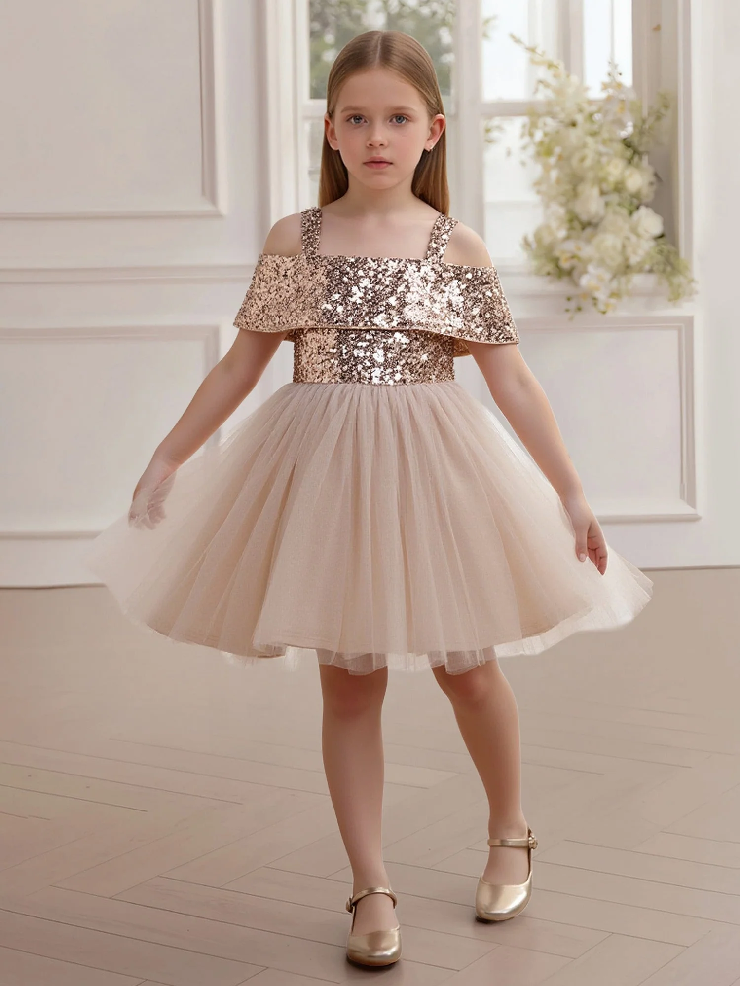 Pailletten Hohl Schulter Tüll Rock Blumenmädchen Kleid Champagner