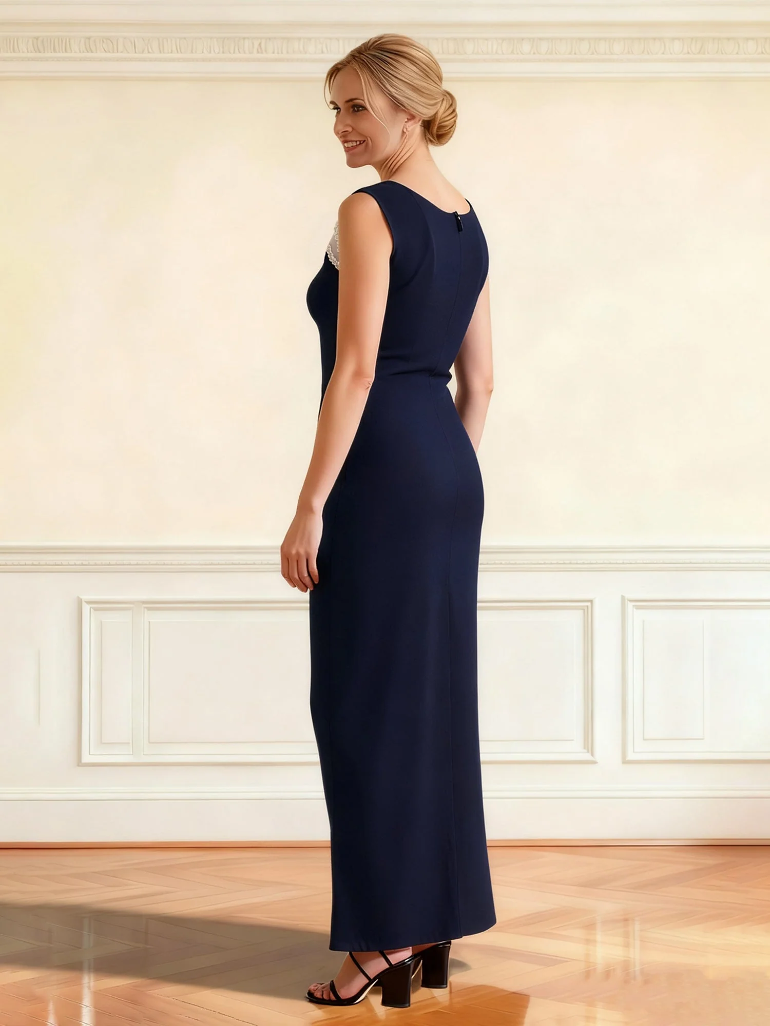 Durchsichtig Spitze Yoke Ärmellos Kleid Gerafft Vorne Dunkelmarine - Image 2