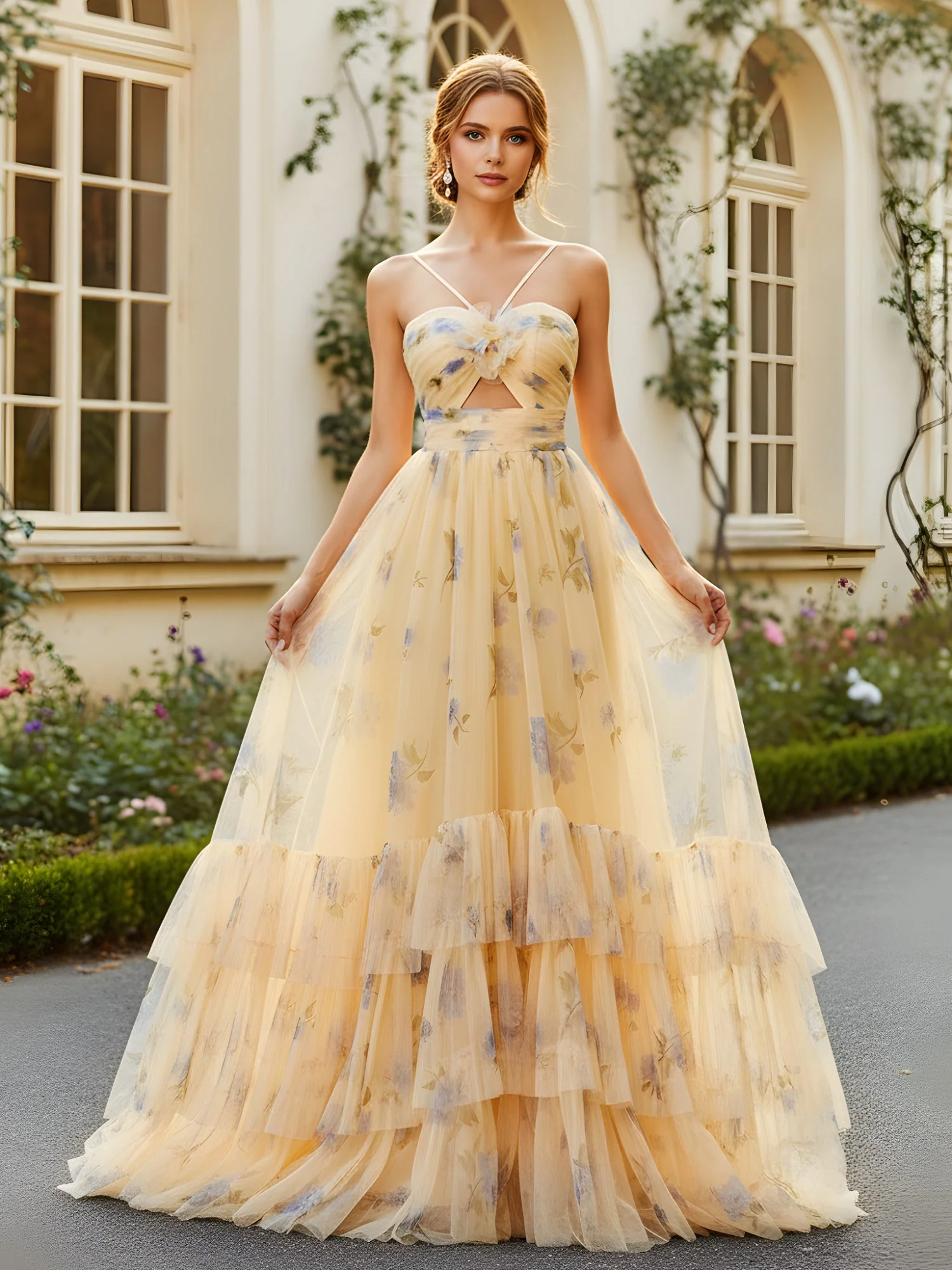 Charmant Rüschen Tüll Kleid mit Ausschnitt Oberteil Narzisse