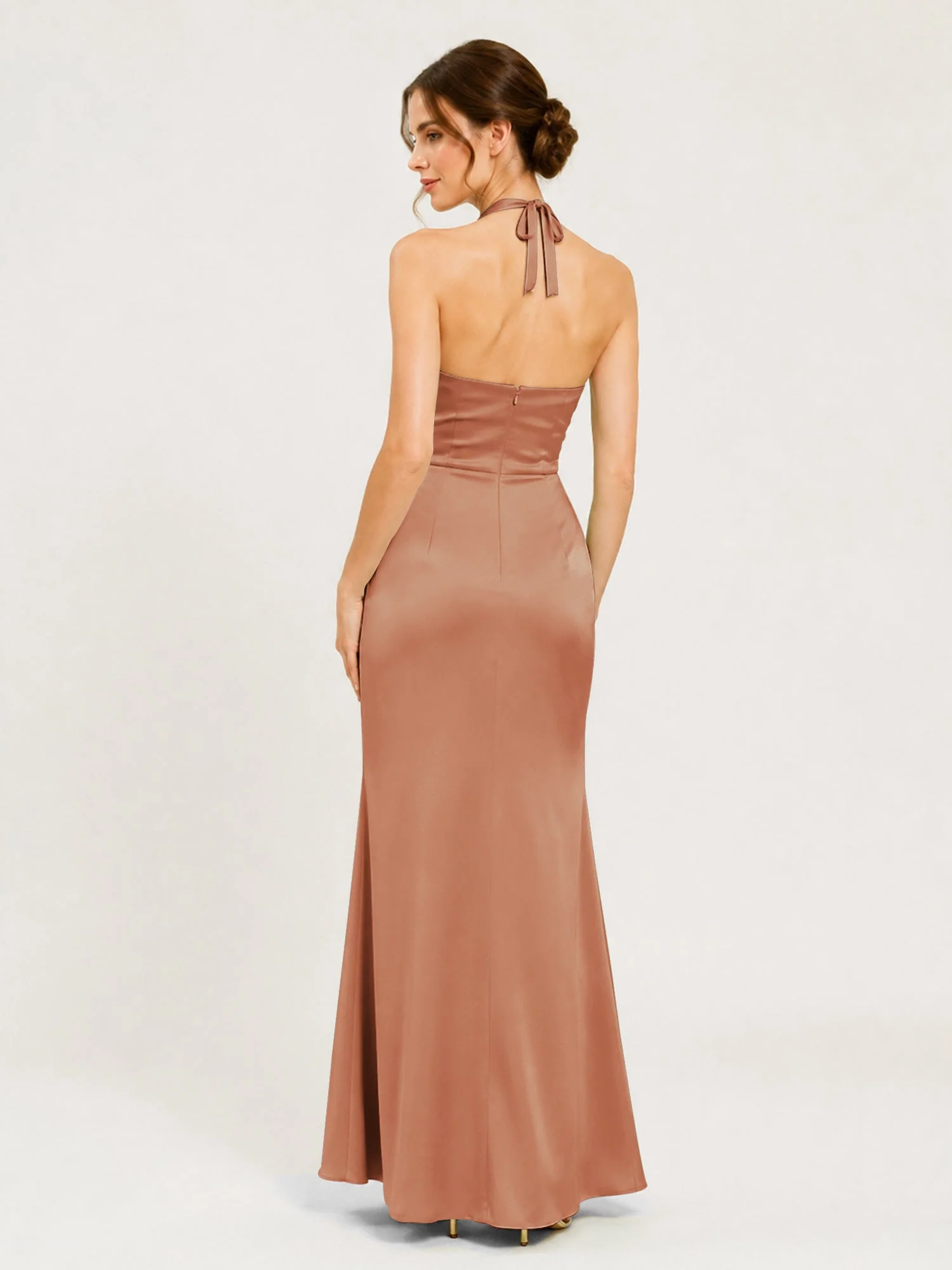 Satin Abendkleid mit Neckholder und Knotendetail an der Taille Bronzer - Image 2
