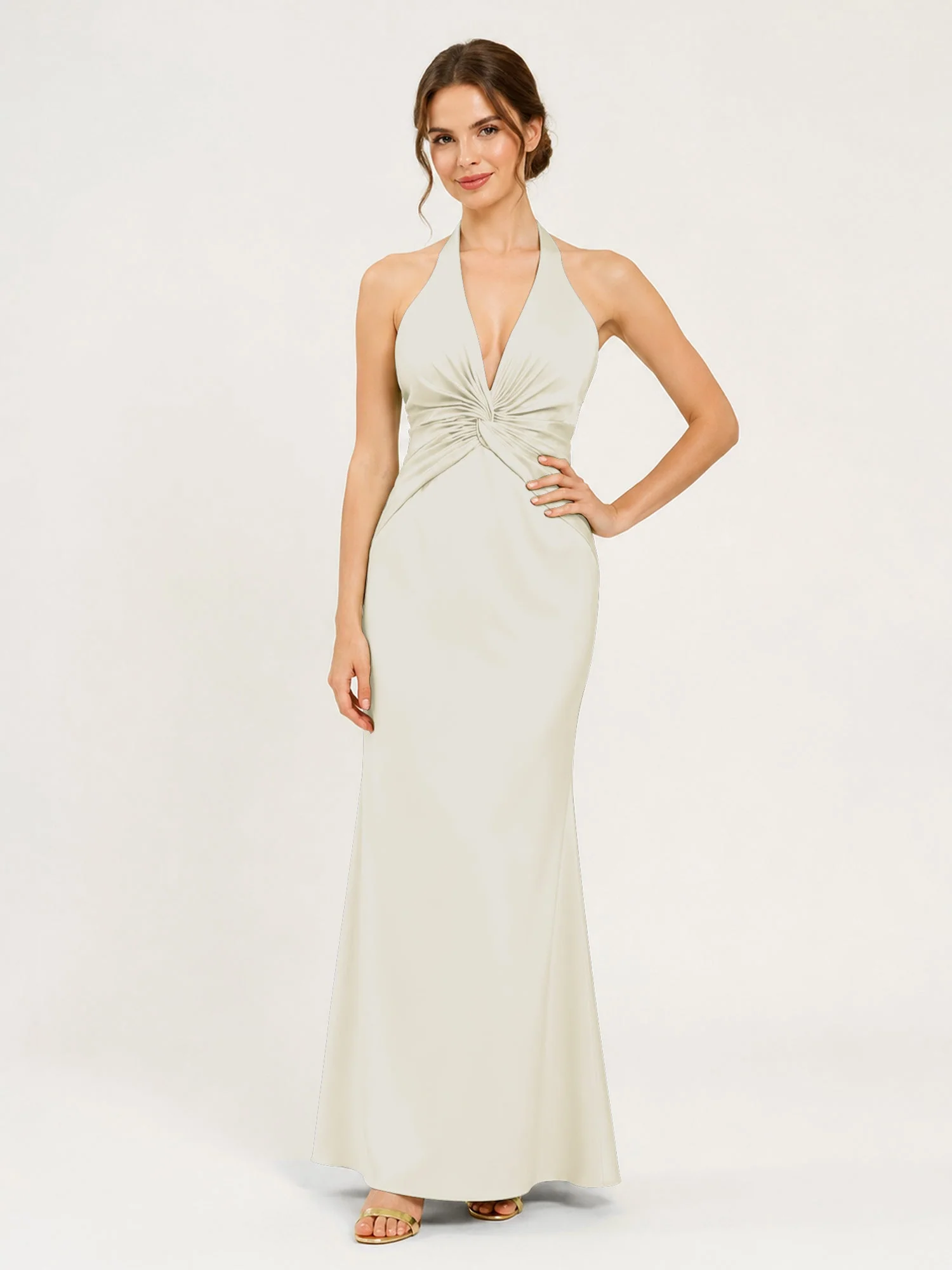 Satin Abendkleid mit Neckholder und Knotendetail an der Taille Elfenbein