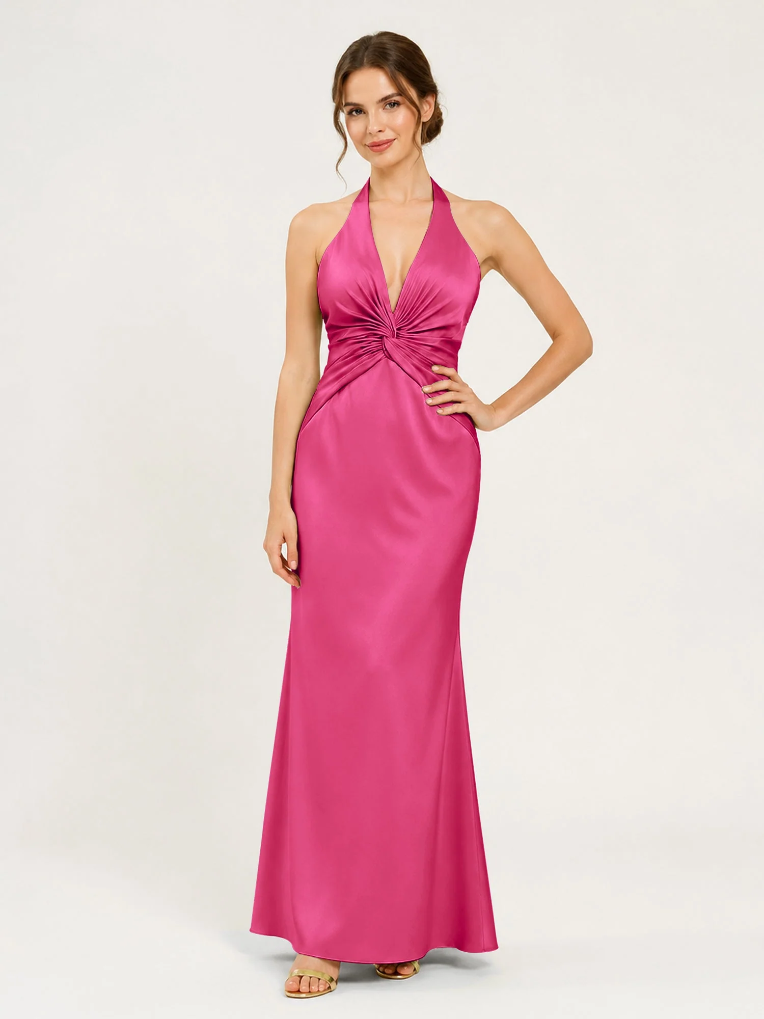 Satin Abendkleid mit Neckholder und Knotendetail an der Taille Fuchsia
